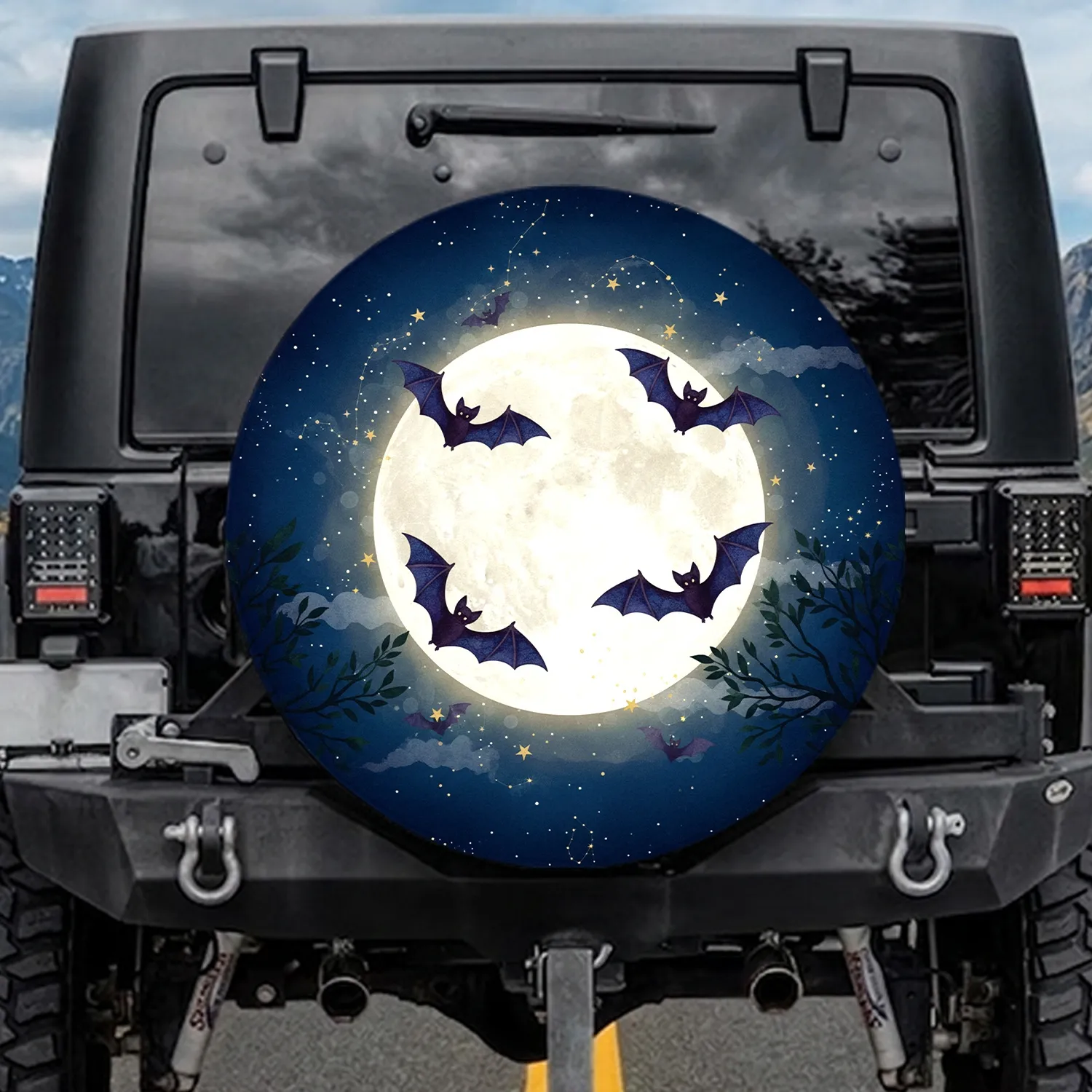 Luminous Full Moon Bats Silhouetted Trees - Fantasy Lover Home Decor Gift Spare Tire Cover - 1