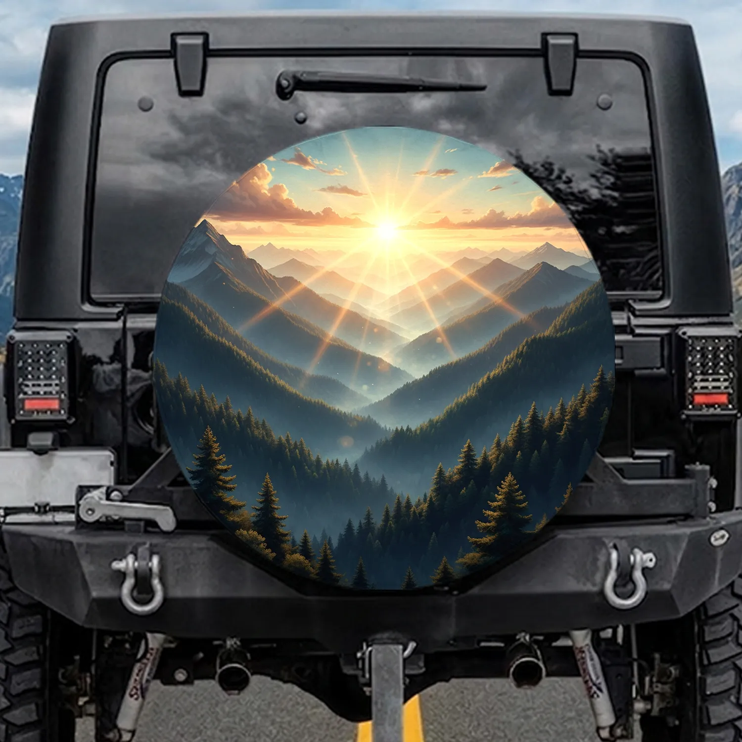 Mountain Landscape Sunrise Deep Valley Evergreen Forest Peaks Clouds - Travel Essentials Spare Tire Cover - 1