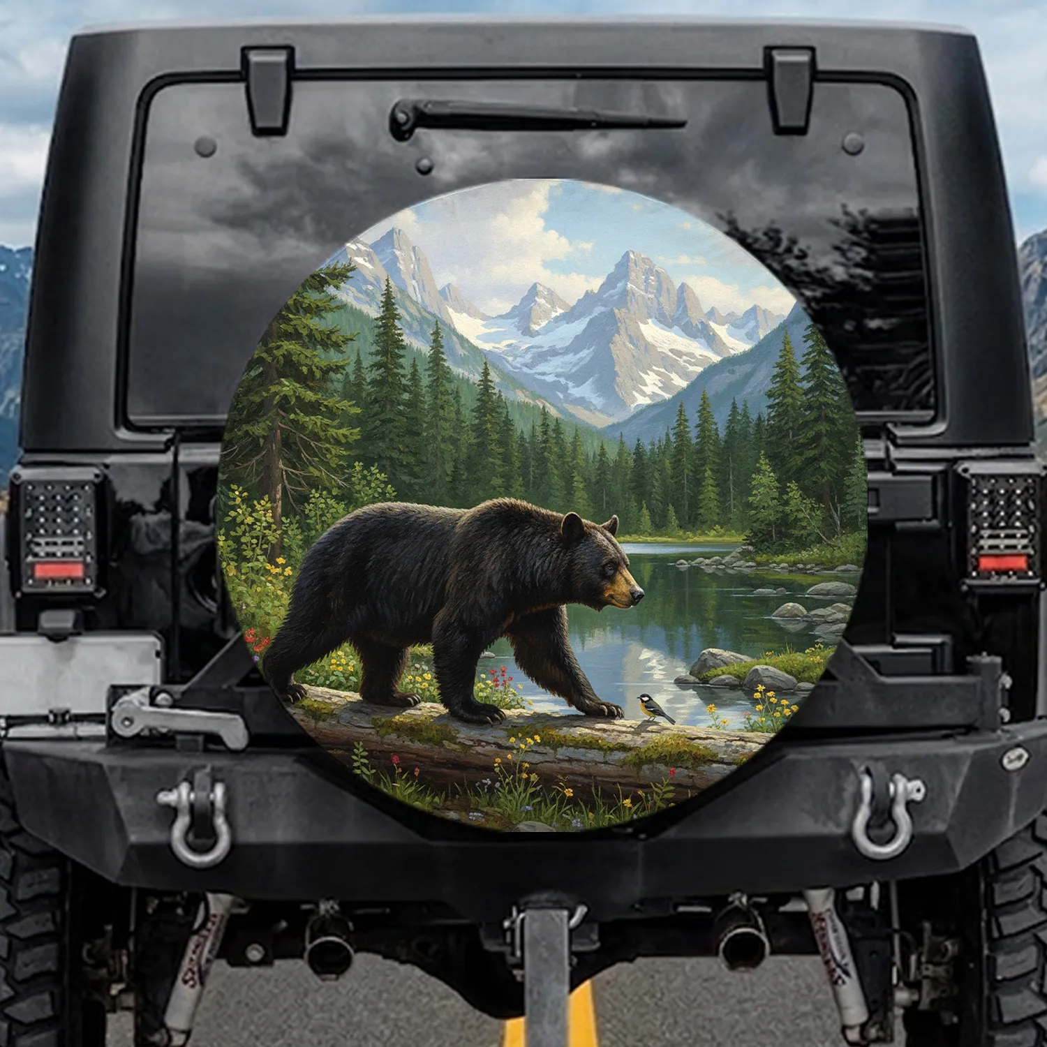 Mountain Lake Black Bear Forest Landscape - Outdoor Adventure Gift Spare Tire Cover - 1