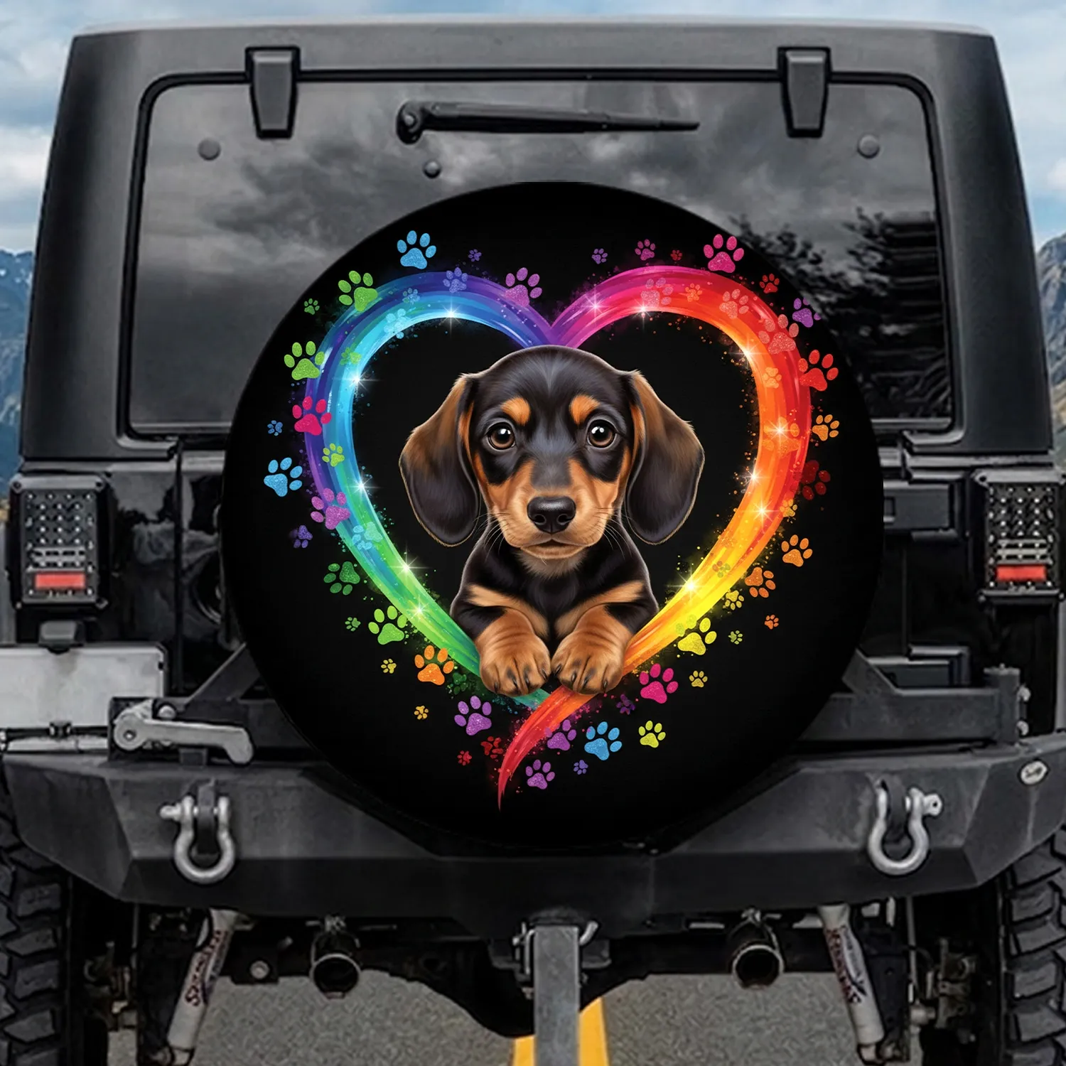 Brown Dachshund Puppy Rainbow Heart Paw Prints - Dachshund Owner Gift Spare Tire Cover - 1