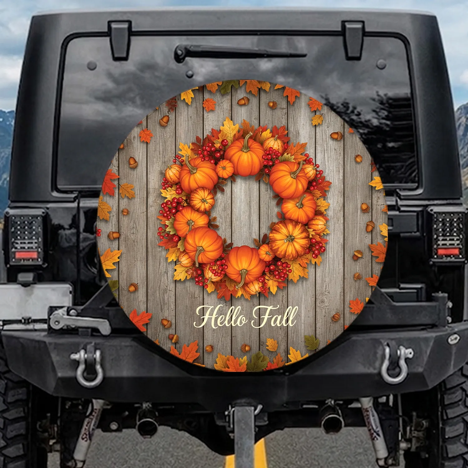 Autumn Pumpkin Wreath Hello Fall Script - Rustic Fall Decor Gift Spare Tire Cover - 1