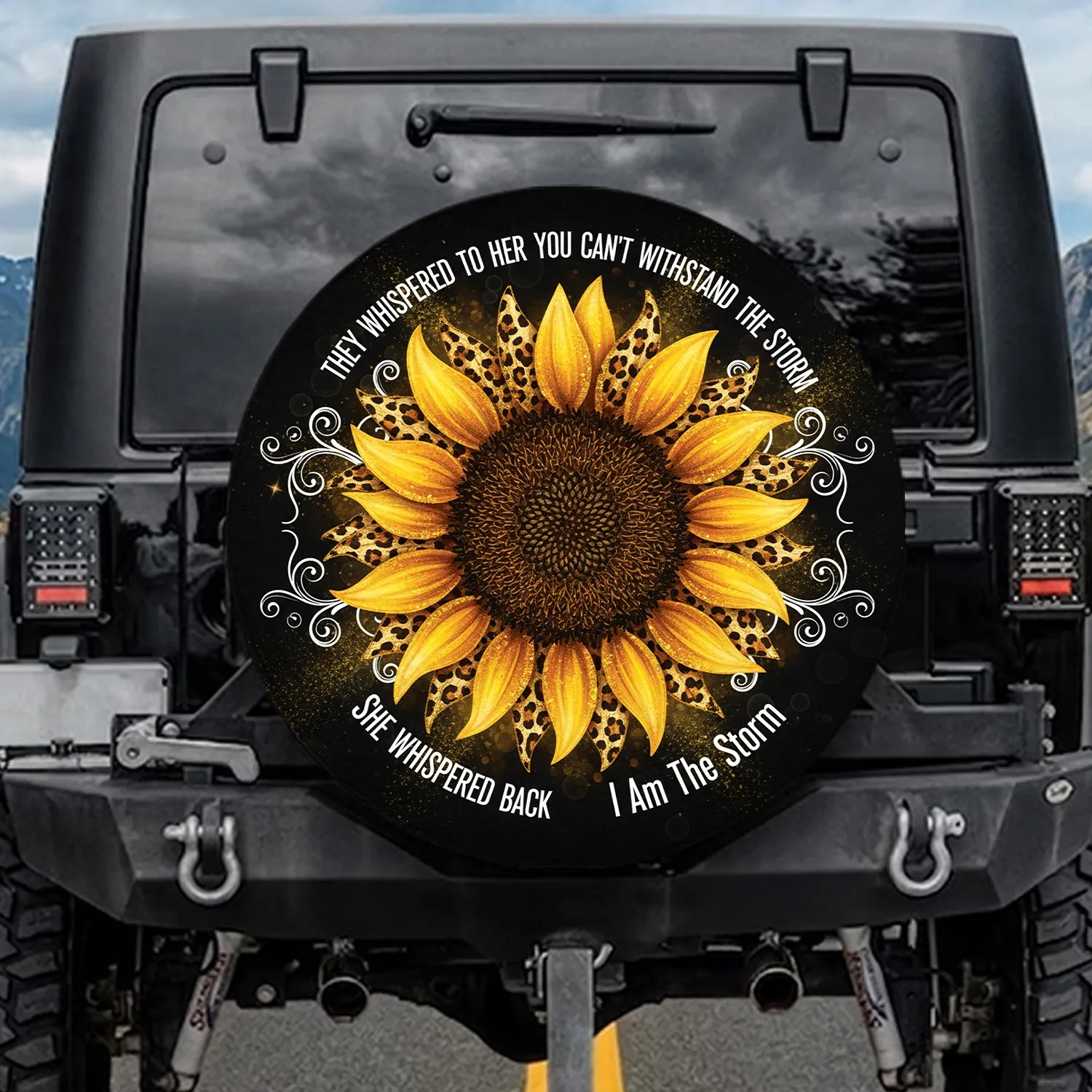 Sunflower Leopard Print Storm Quote - Inspirational Empowerment Gift Spare Tire Cover - 1