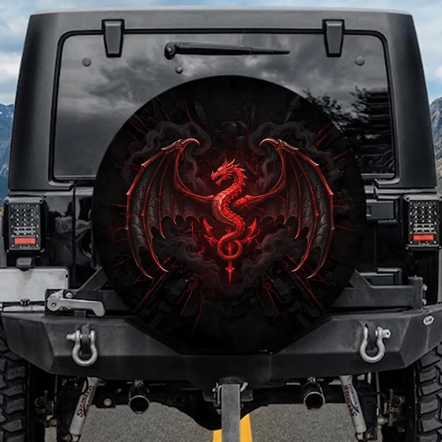 Fiery Red Dragon Crest Dark Wings - Gothic Fantasy Decor Gift Spare Tire Cover - 1
