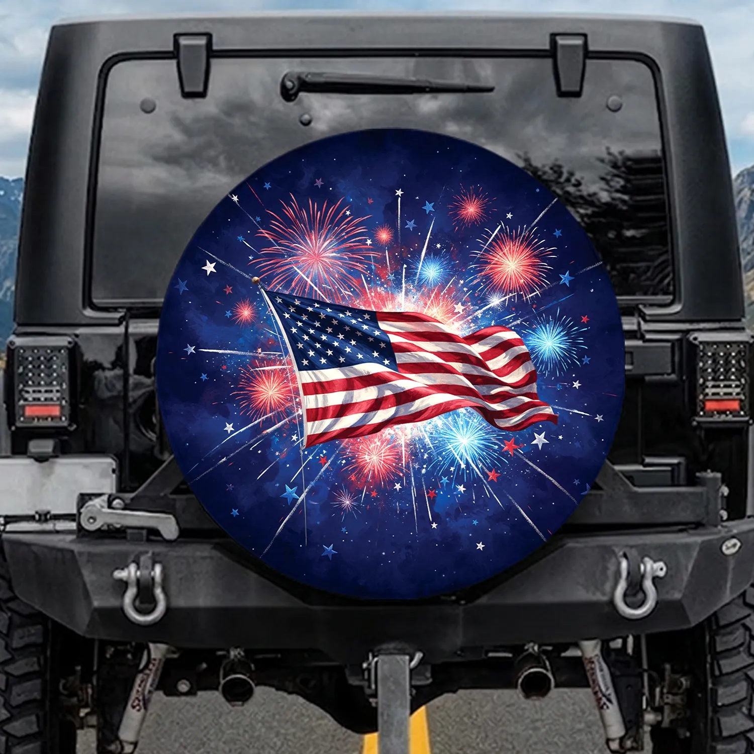 American Flag Fireworks - Independence Day Gift for Veterans Spare Tire Cover - 1