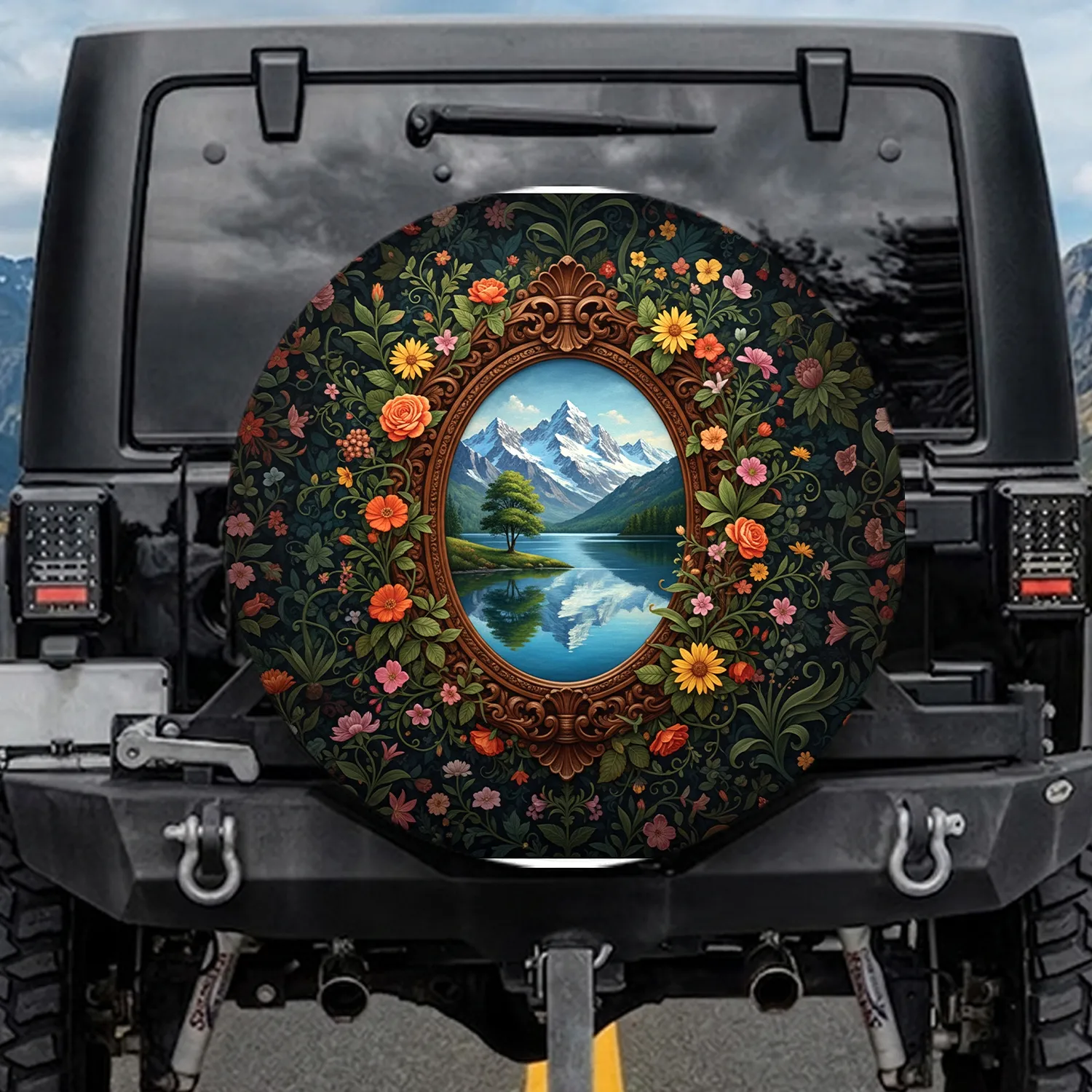 Mountain Lake Landscape Ornate Oval Frame Botanical Flower Vines - Home Decor Gift Spare Tire Cover - 1