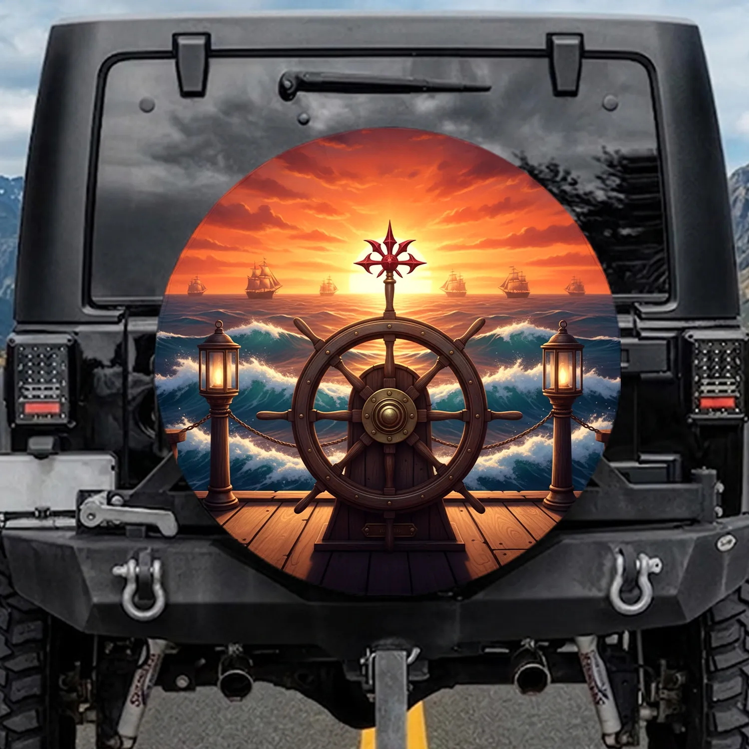 Helm Tall Ships Ocean Sunset - Nautical Decor Gift for Ocean Lovers Spare Tire Cover - 1