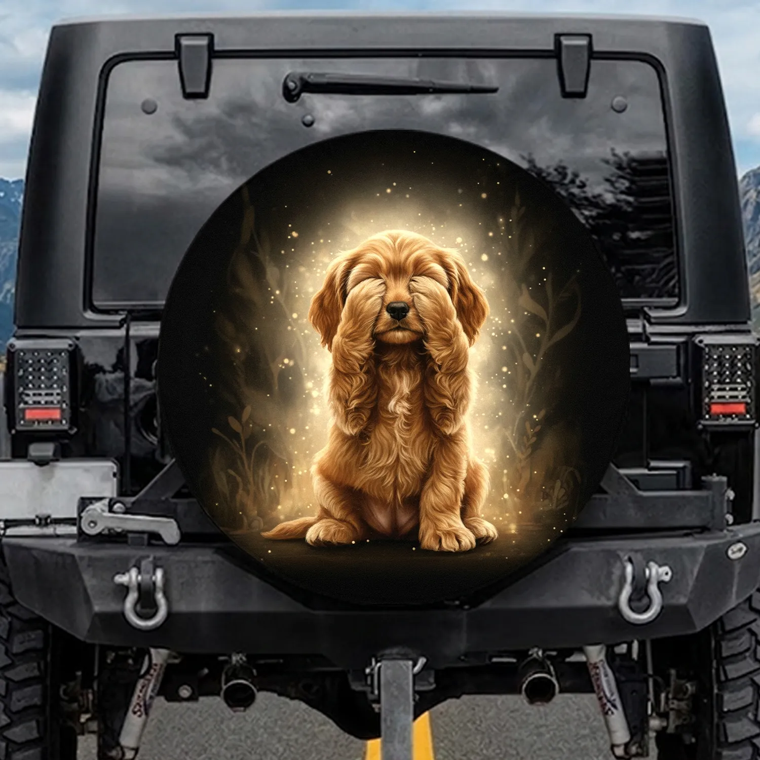 Golden Retriever Puppy Paws Over Eyes Black Background Foliage Decor - Dog Lover Gift Spare Tire Cover - 1