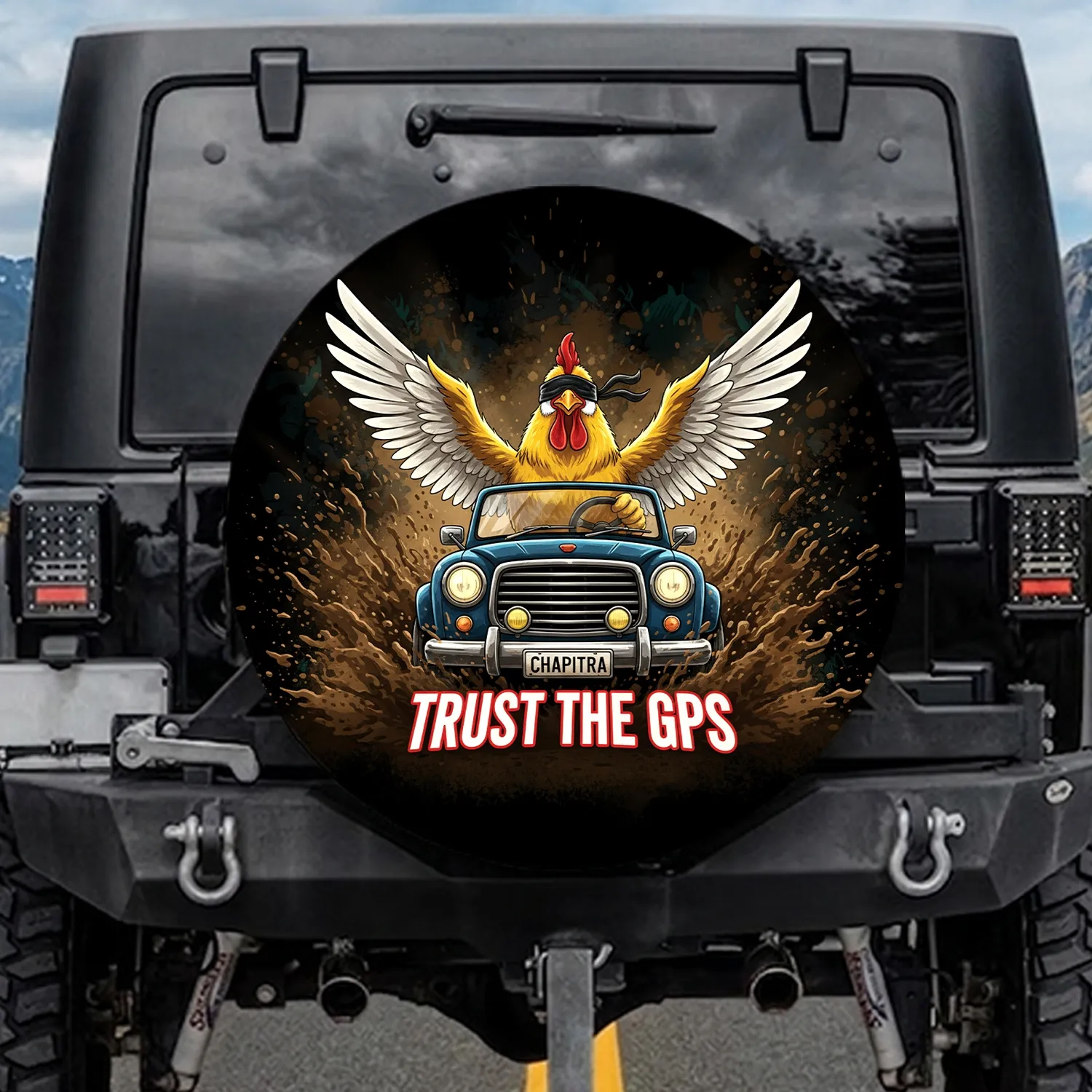 Blindfolded Yellow Rooster Vintage Car Mud Splashes TRUST GPS - Daring Off-Road Explorer Adventure Spare Tire Cover - 1