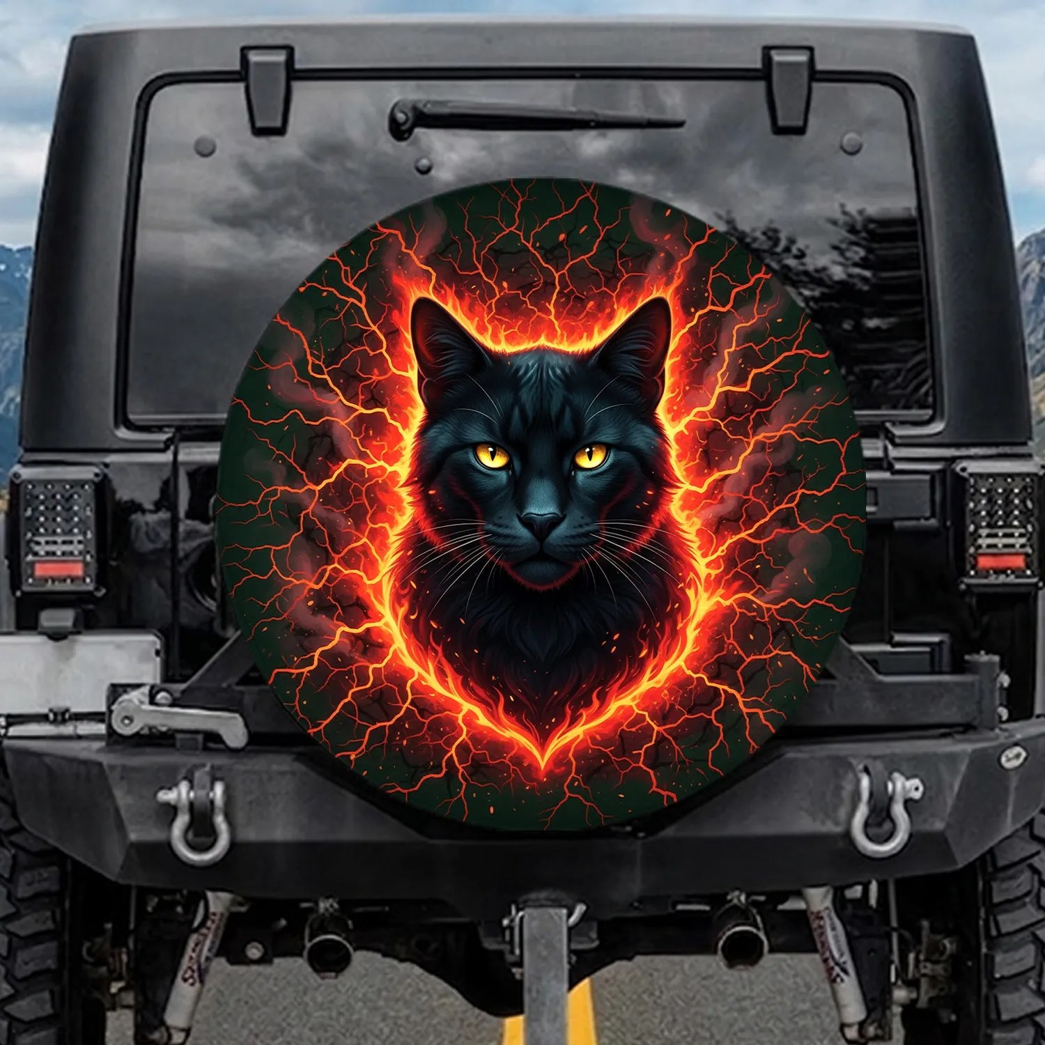 Glowing Red Cat Deep Forest Green - Car Decor Gift for Cat Lover Spare Tire Cover - 1