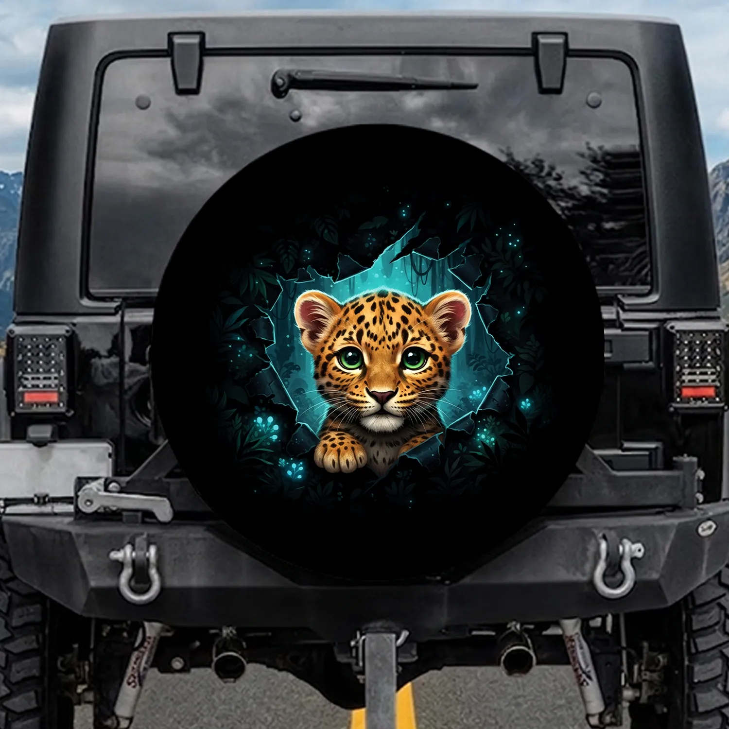 Peeking Baby Leopard Cub Emerald Eyes Spotted Fur Nocturnal Jungle - Wildlife Lover Gift Spare Tire Cover - 1