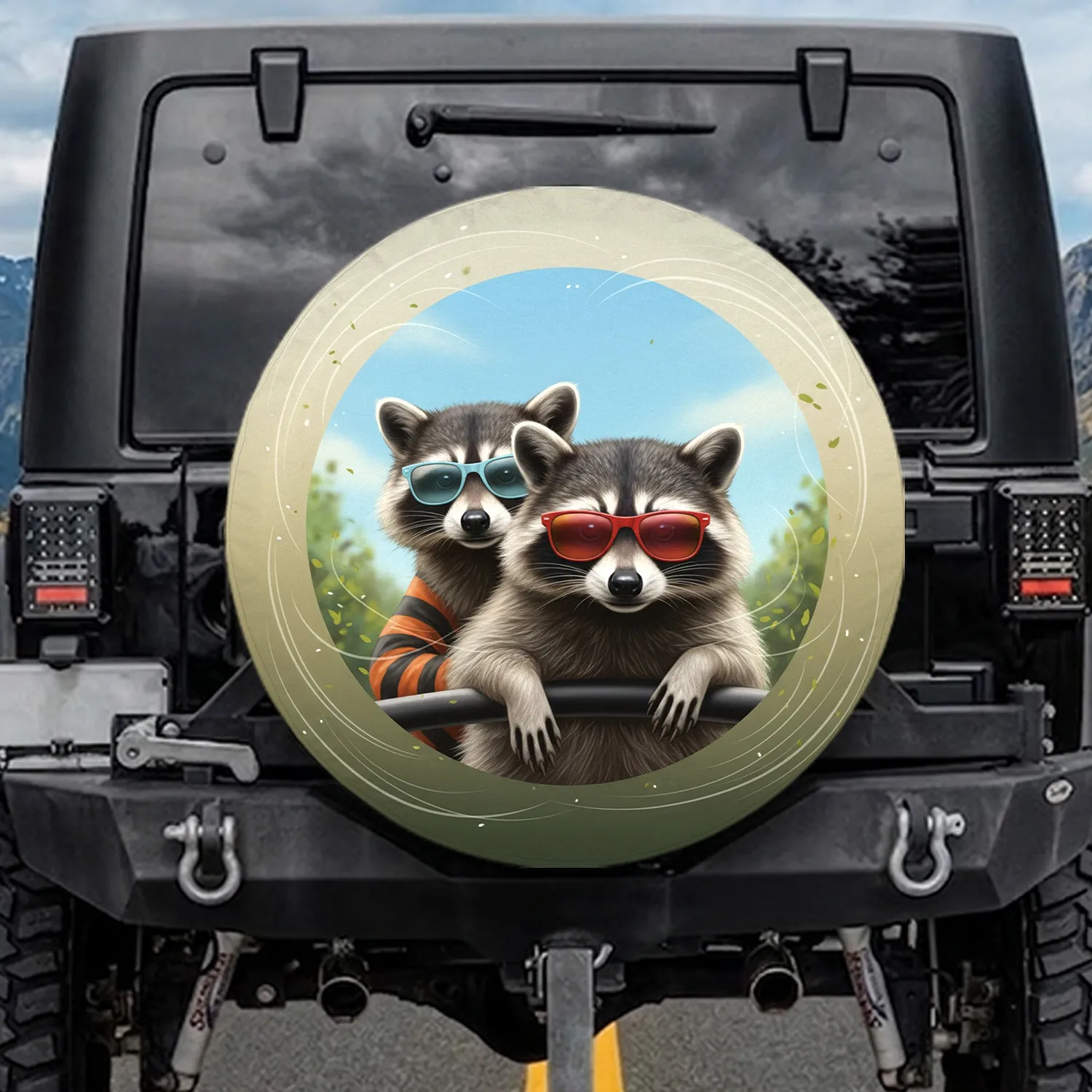 Two Raccoons with Sunglasses Outdoor Adventure Trip Wildlife Animal Lover Gift Spare Tire Cover - 1
