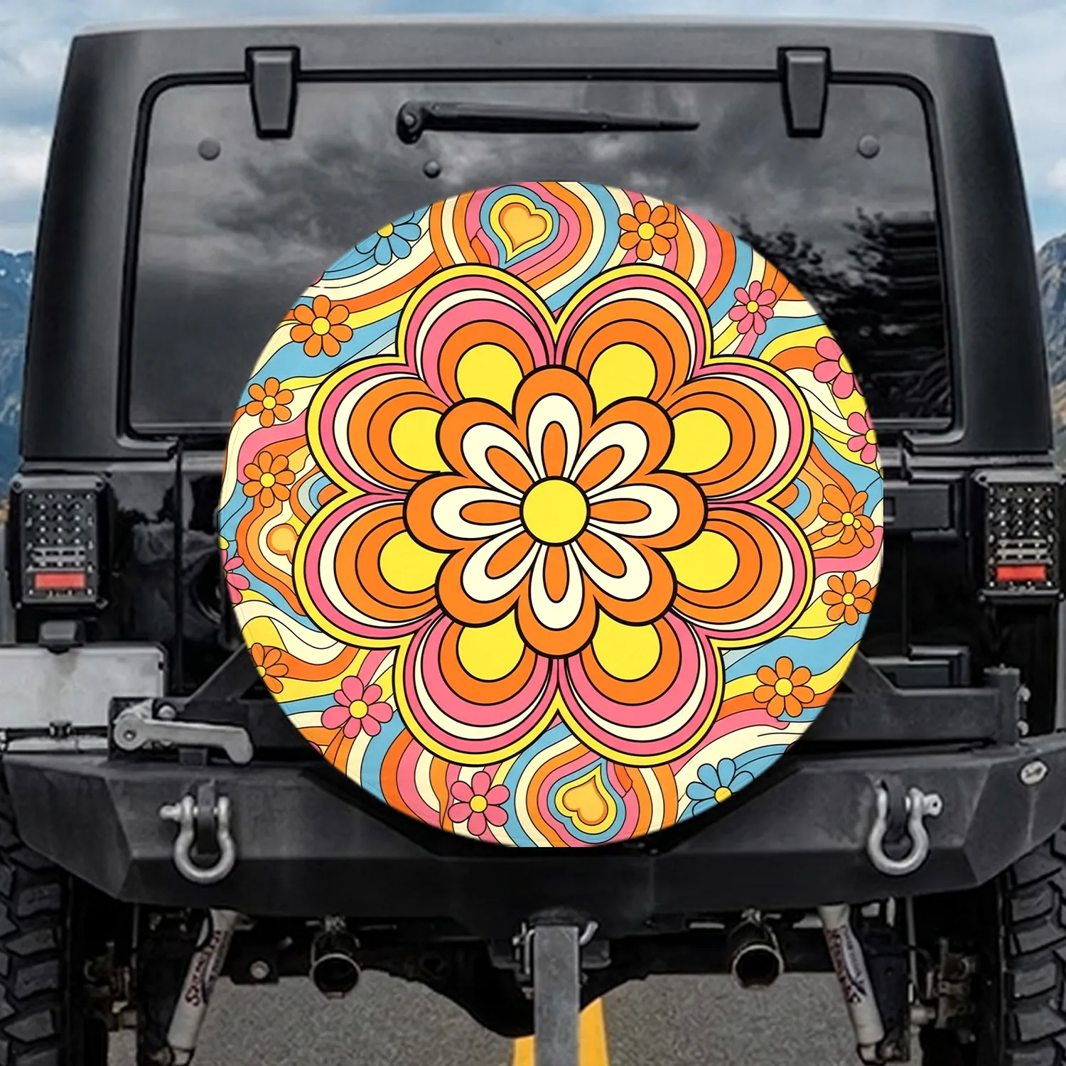 Retro Psychedelic Flower Hearts Wavy Arcs - Vintage Lover Gift Spare Tire Cover - 1