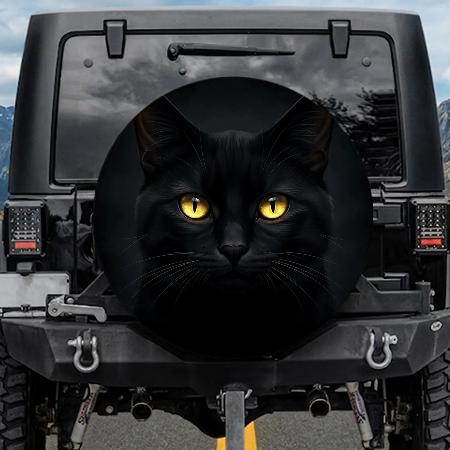 Majestic Watchful Black Cat Luminous Golden Yellow Eyes Midnight Black Background - Cat Lover Gift Spare Tire Cover - 1
