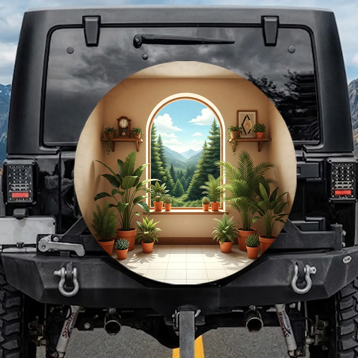 Sun-Drenched Arched Window Forest Mountain View Indoor Garden - Home Decor Gift Spare Tire Cover - 1