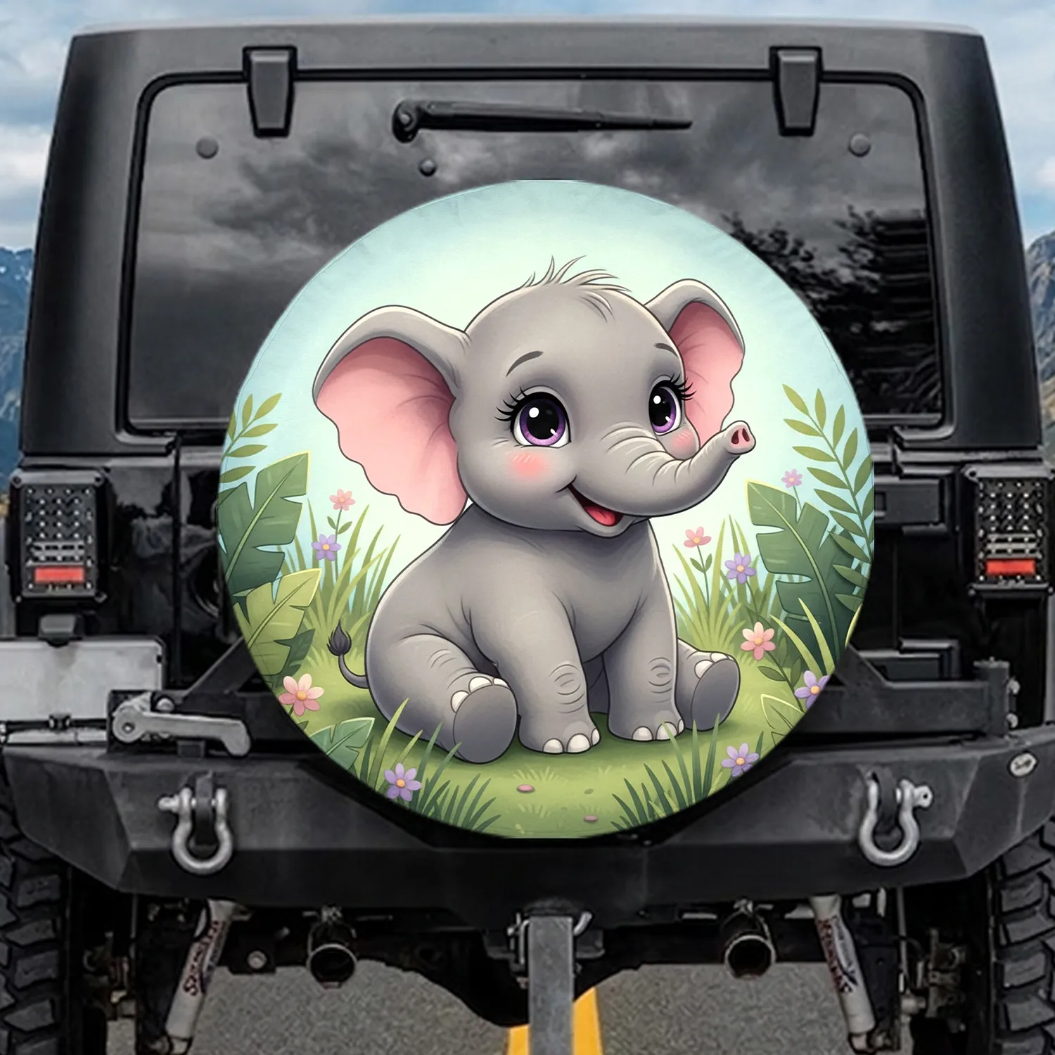 Cute Baby Elephant Tropical Jungle Flowers - Wildlife Lover Gift Spare Tire Cover - 1