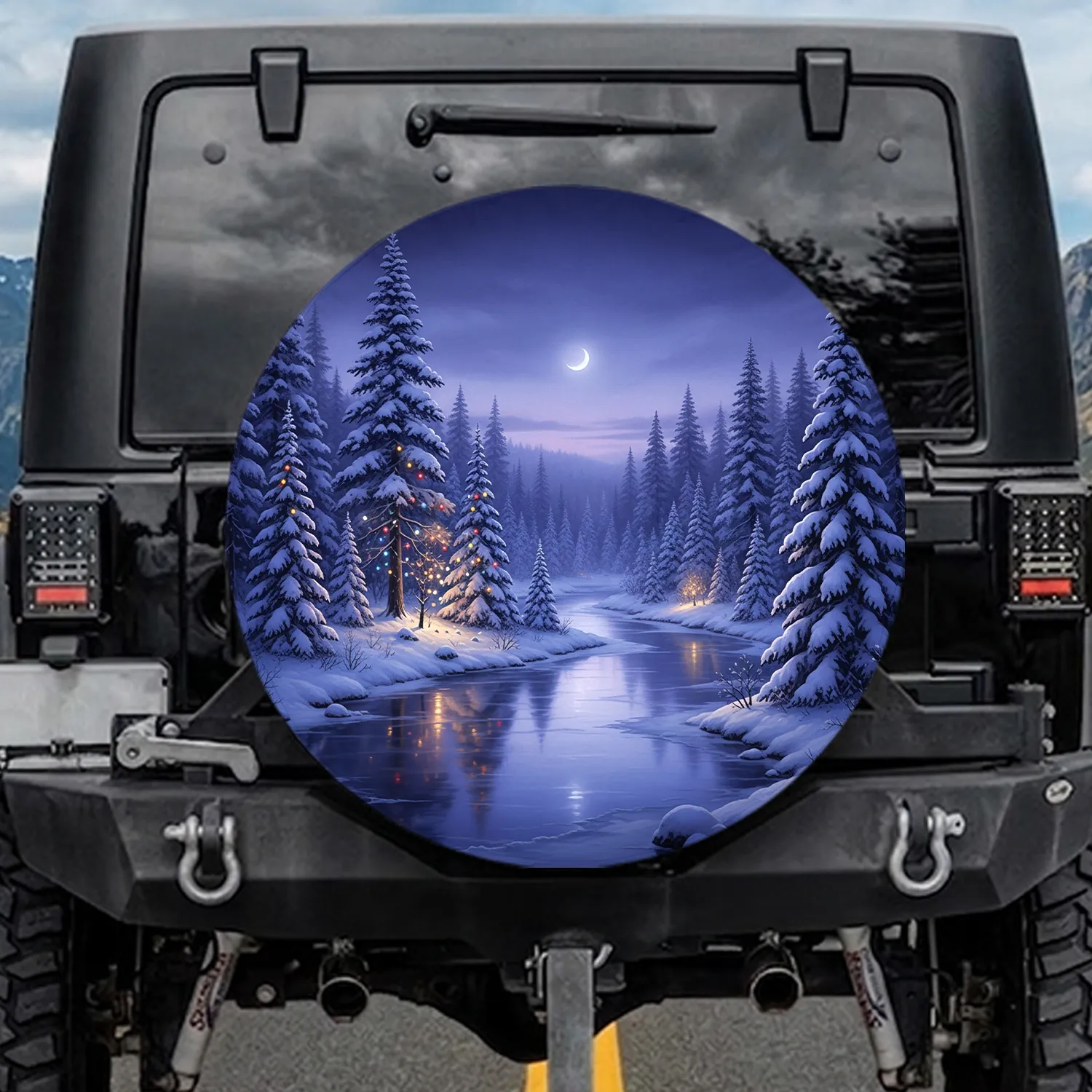 Winter Wonderland Frozen River Evergreen Trees Festive Lights - Seasonal Holiday Decor Gift Spare Tire Cover - 1