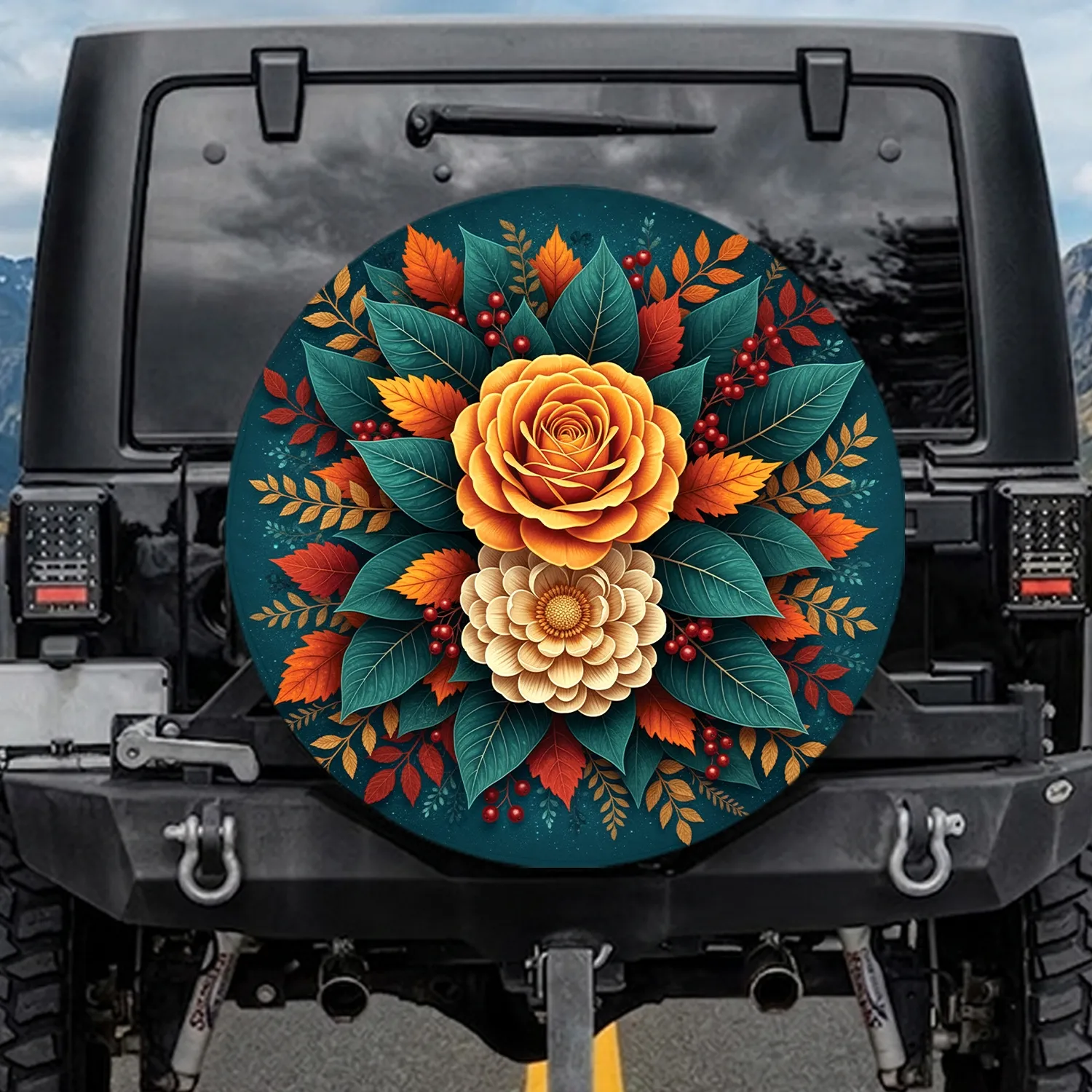 Lush Golden Orange Rose Cream Flower Foliage Berries - Nature Lover Home Decor Gift Spare Tire Cover - 1