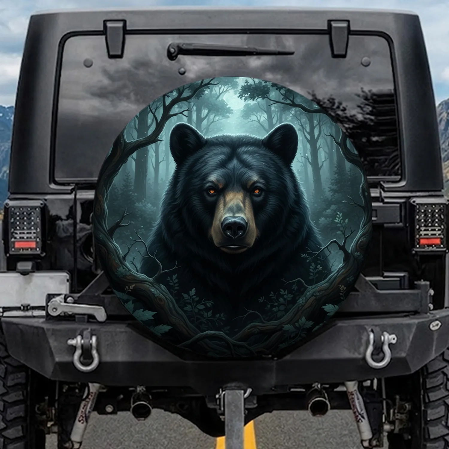Black Bear Head Forest Foliage Moonlit Night - Wildlife Lover Gift Spare Tire Cover - 1