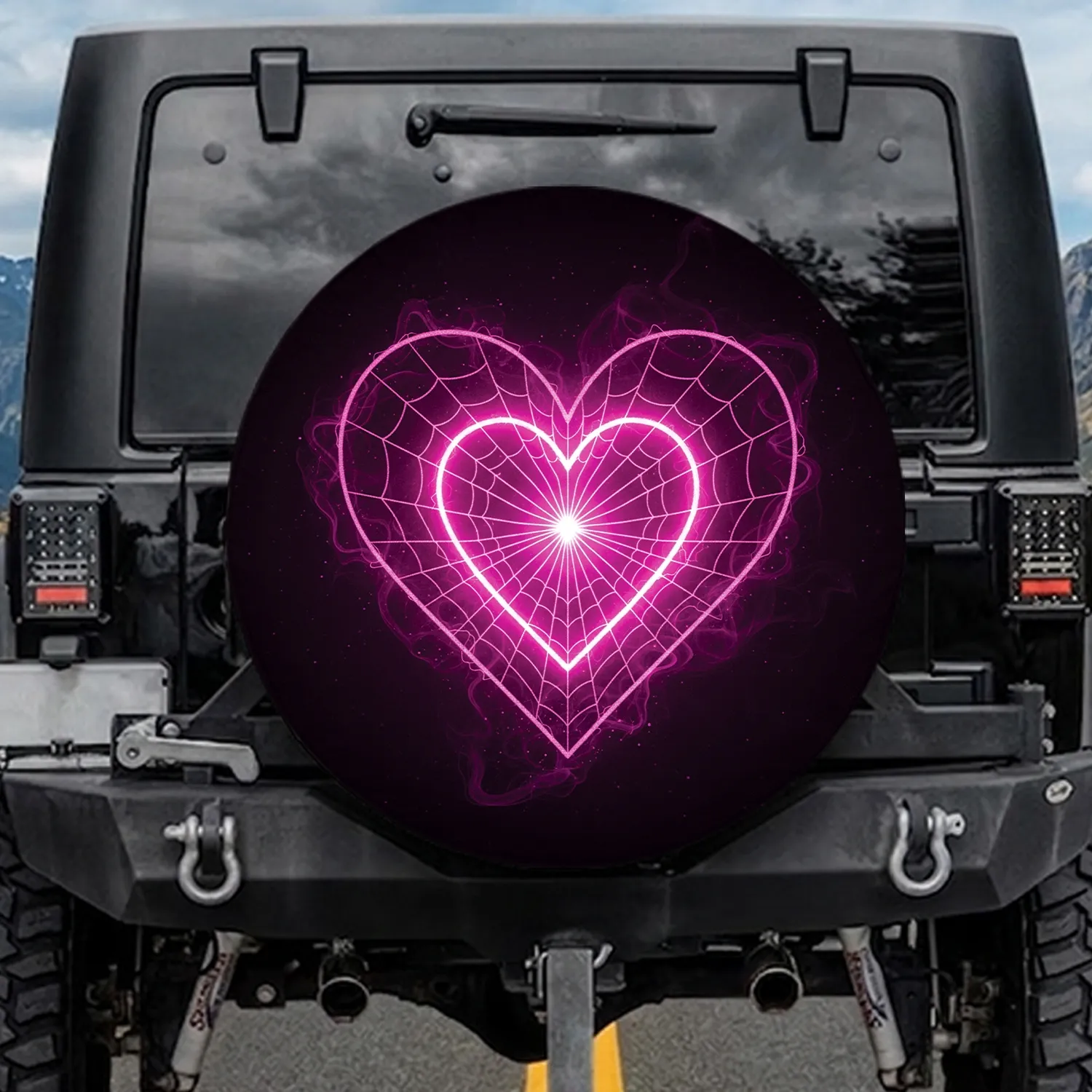 Full-Canvas Edge-to-Edge Neon Pink Heart Spiderweb Smoke Dust - Vehicle Decor Gift Accessory Spare Tire Cover - 1