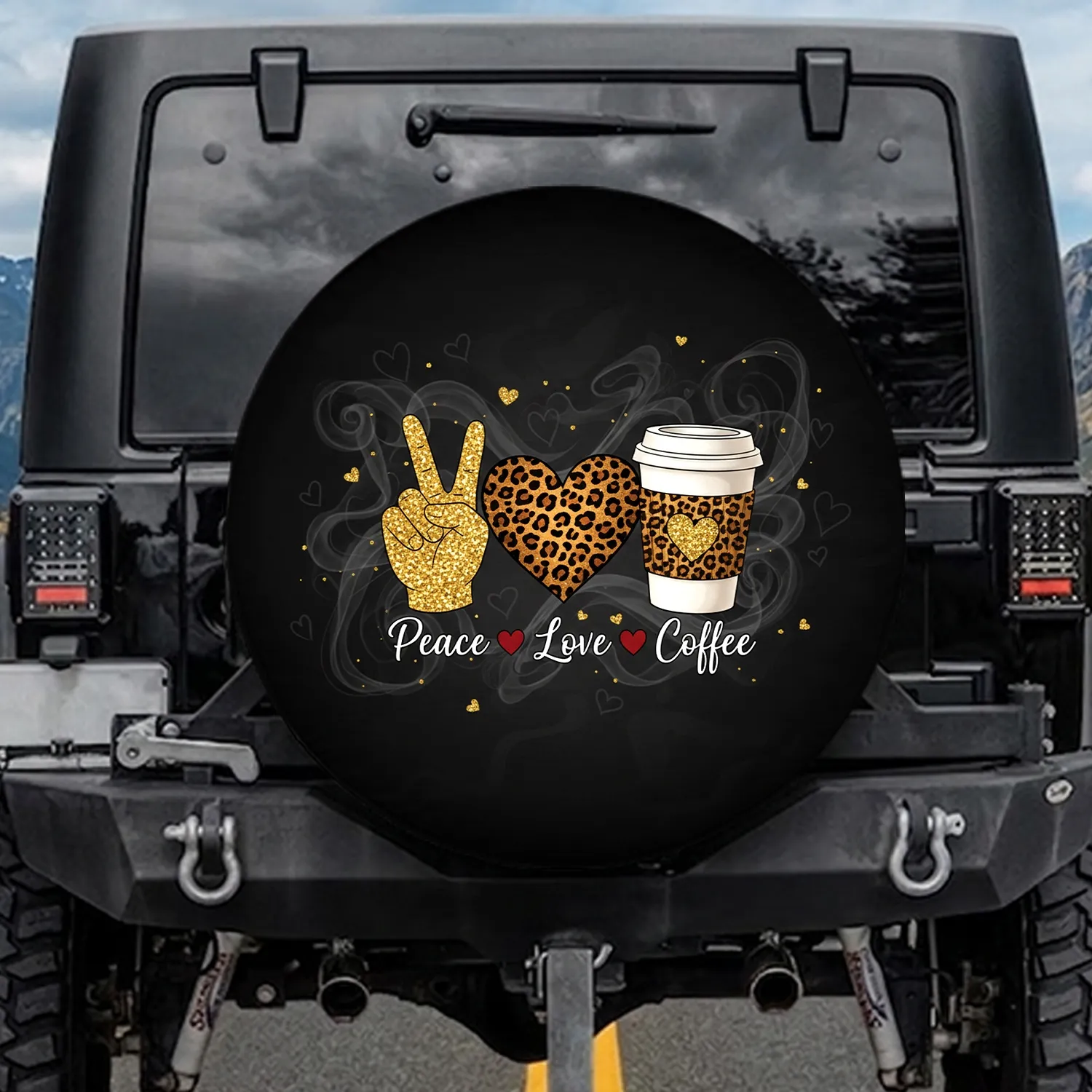Peace Love Coffee Golden Glitter Peace Sign Leopard Heart - Vehicle Decor Spare Tire Cover - 1