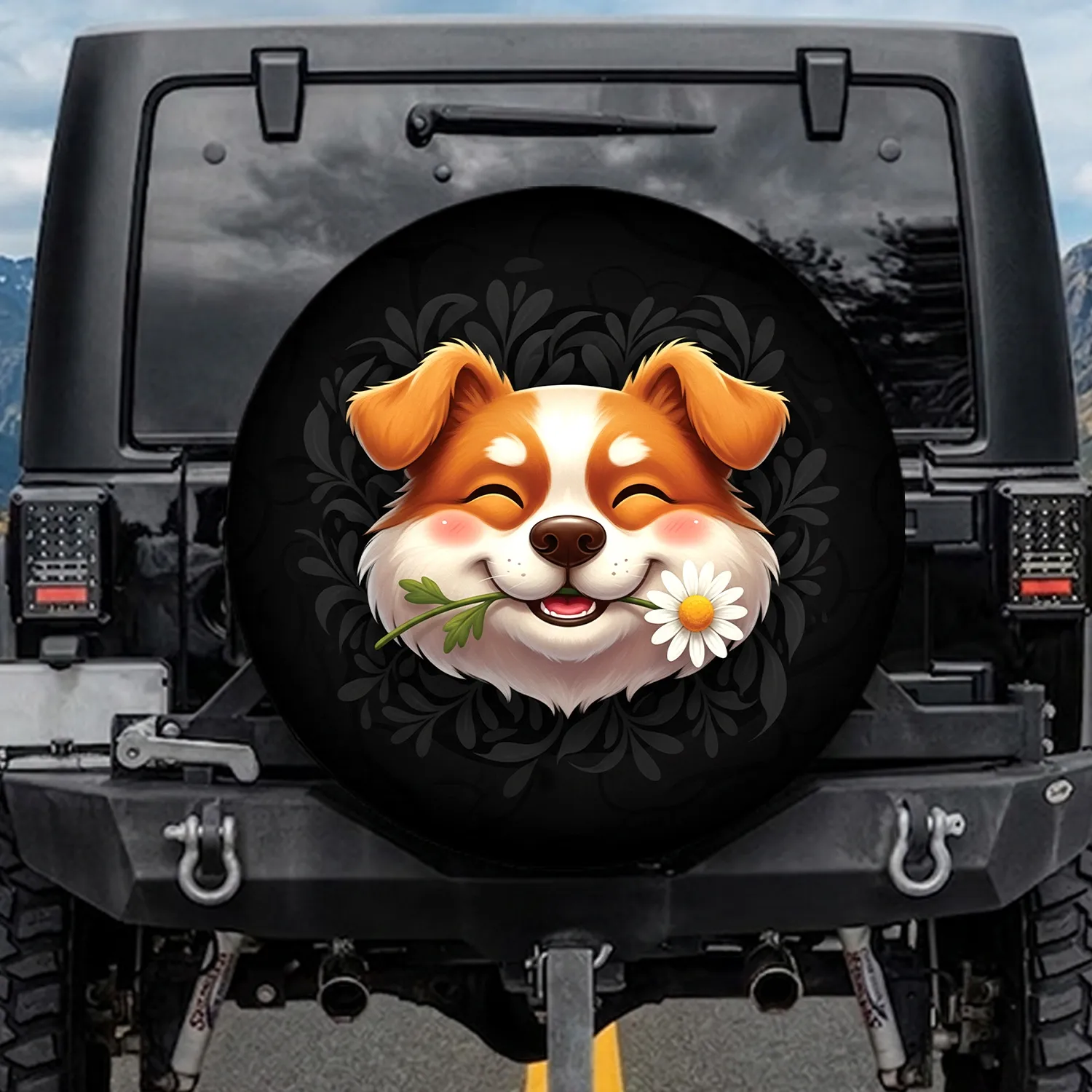 Orange-Brown Smiling Dog Face Daisy Botanical Leaves - Pet Lover Gift for Everyday Use Spare Tire Cover - 1