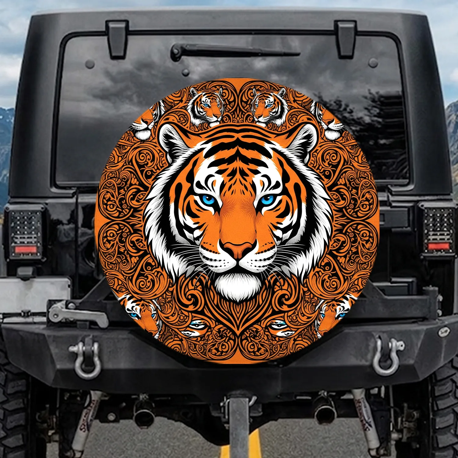 Layered Tiger Heads Orange Black Stripes Electric Blue Eyes Wildlife Lover Gift Spare Tire Cover - 1
