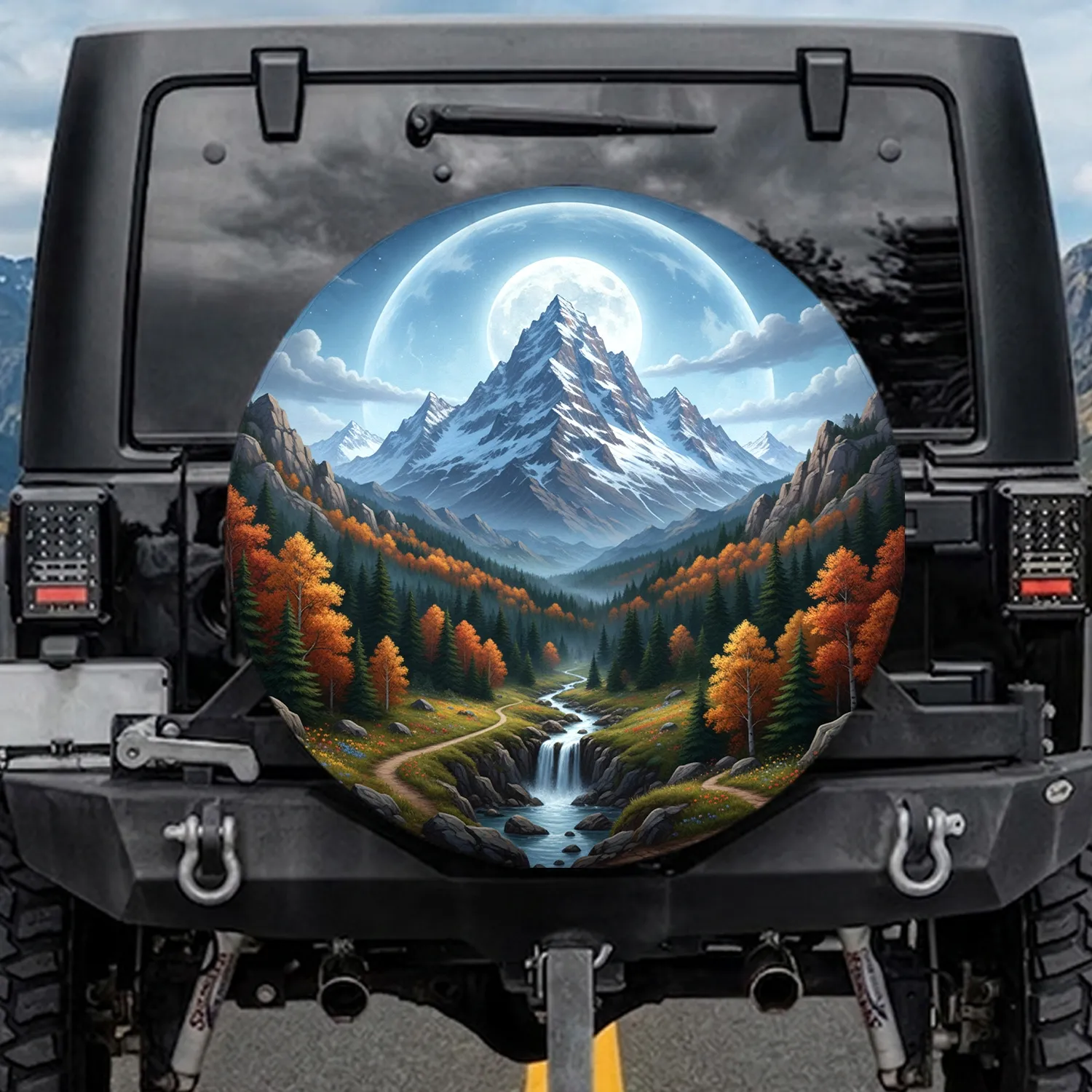 Snow-capped Mountain Range Evergreen Forest Autumn Trees Full Moon - Nature Lover Gift Spare Tire Cover - 1