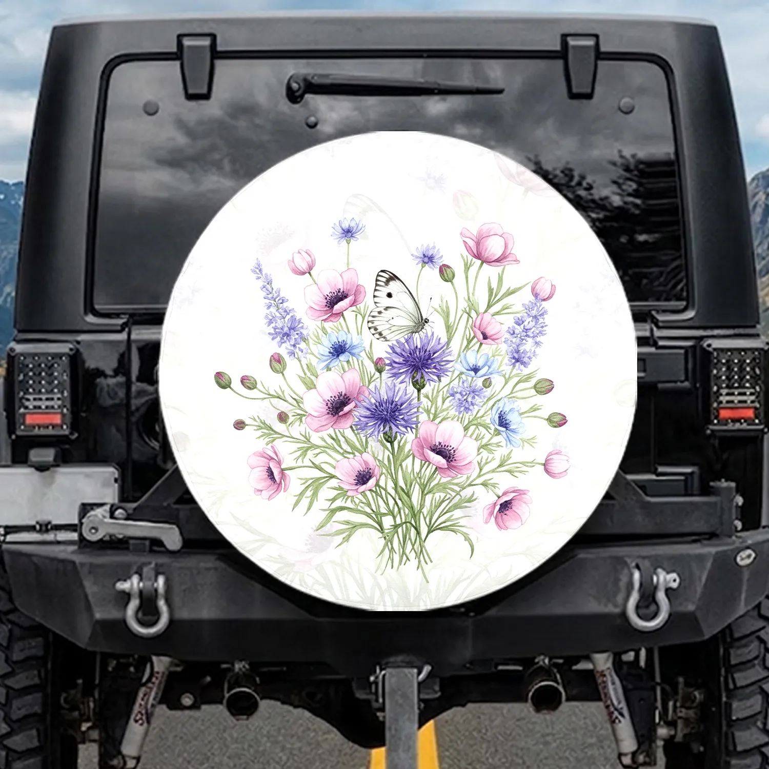 White Butterfly Purple Cornflower Wildflower Meadow - Home Decor Gift for Nature Lover Spare Tire Cover - 1