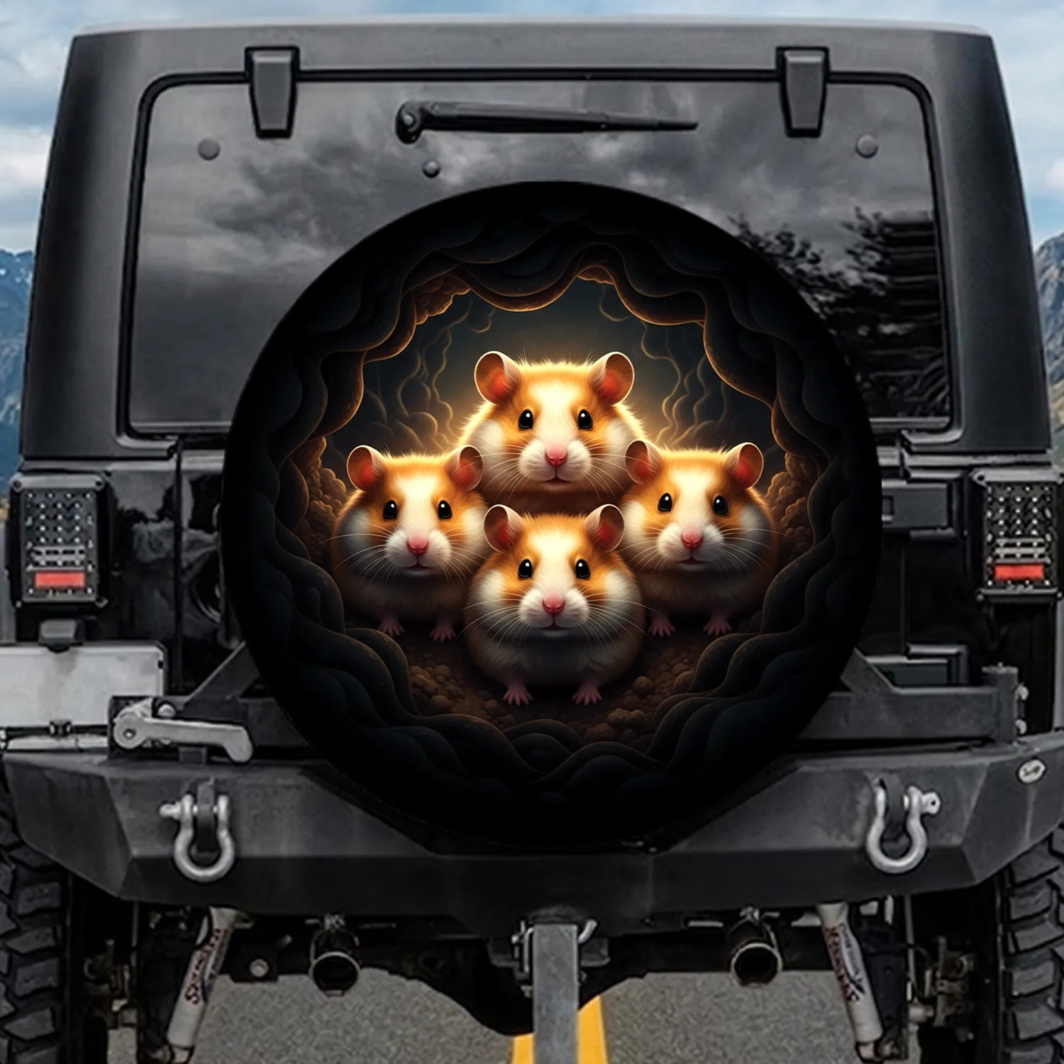 Realistic Fluffy Hamsters Peering Forward - Pet Lover Vehicle Decor Gift Spare Tire Cover - 1