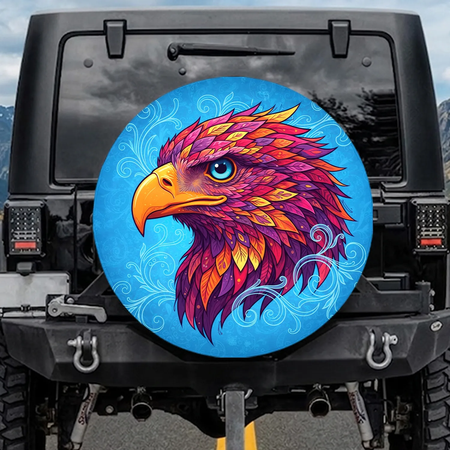 Fuchsia Purple Orange Eagle Head Ornate Swirl Paisley - Wildlife Lover Gift Spare Tire Cover - 1