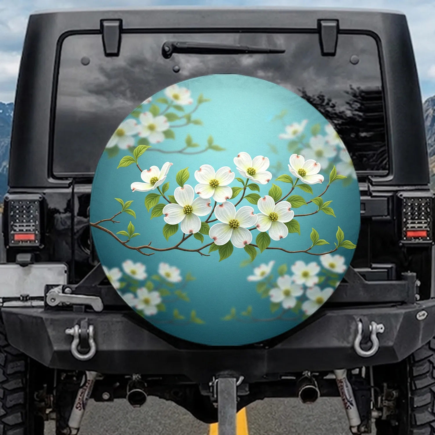 White Dogwood Blossoms Teal Blue Floral - Spring Decor Nature Gift Spare Tire Cover - 1