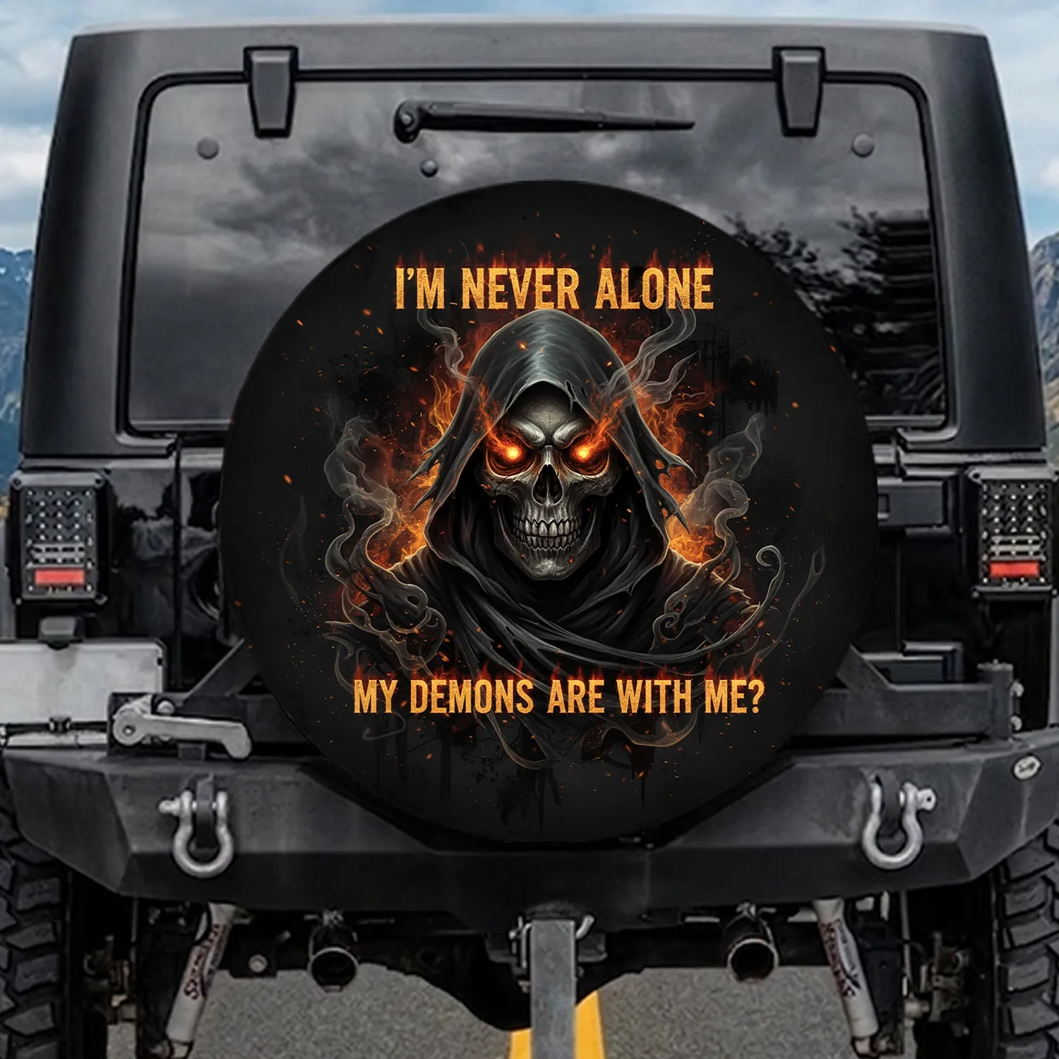 Grim Reaper Skull Glowing Eyes Demons Quote - Gothic Lifestyle Gift Spare Tire Cover - 1