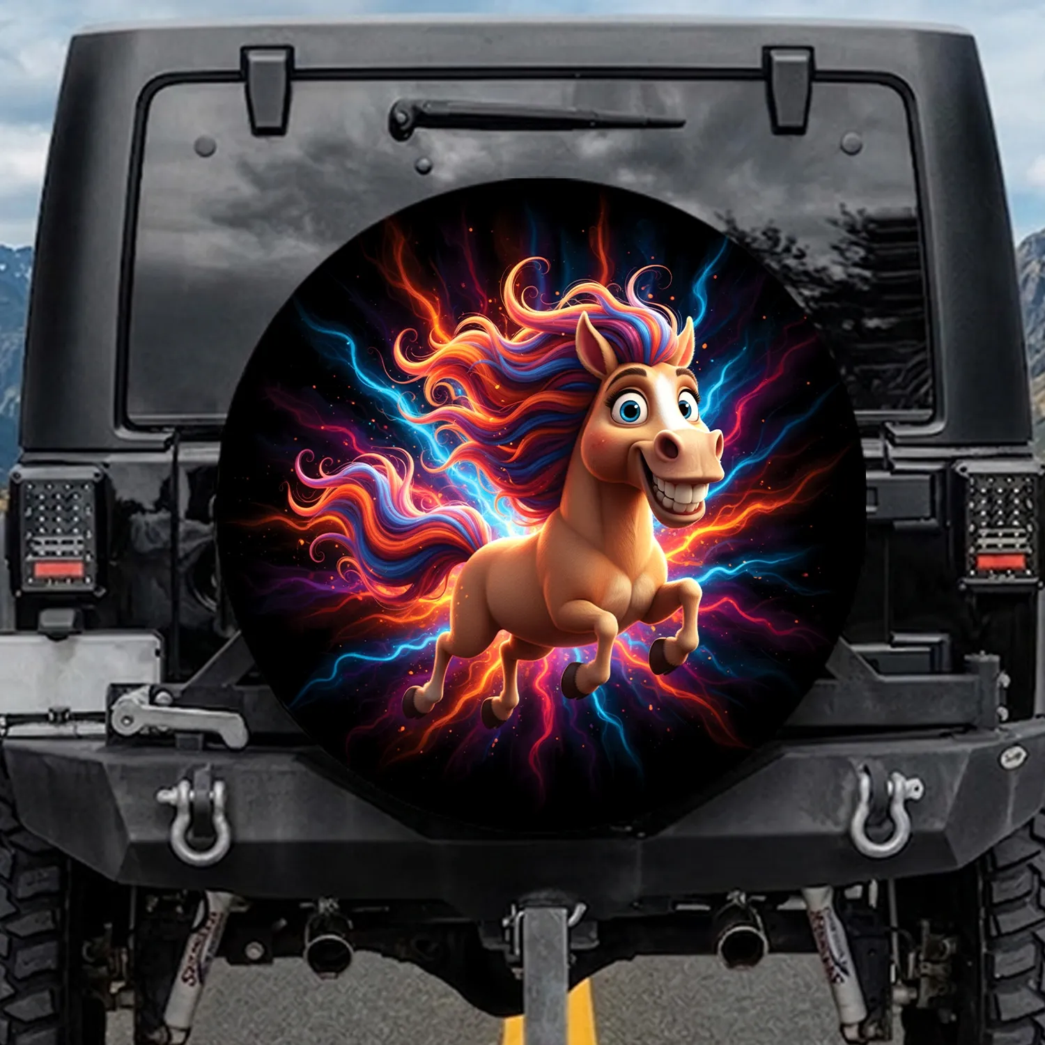 Exaggerated Features Grinning Cartoon Horse Multi-Color Mane - Horse Lover Gift Spare Tire Cover - 1