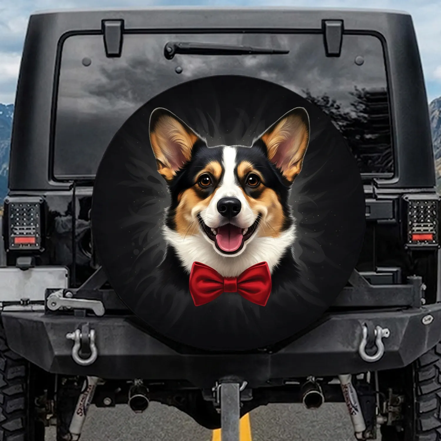 Joyful Pembroke Welsh Corgi Head Red Bow Tie - Dog Lover Gift Spare Tire Cover - 1