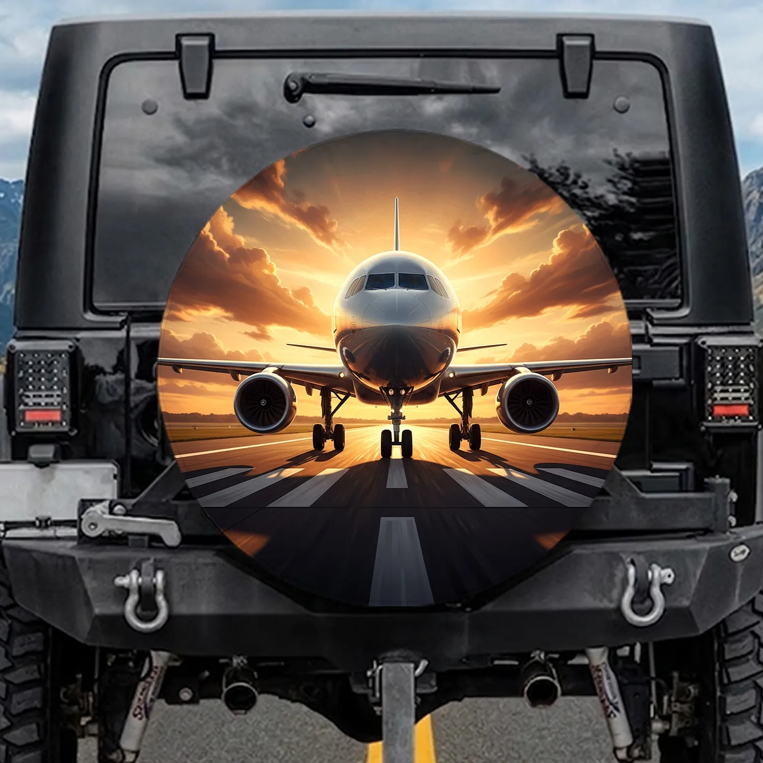 Front View Passenger Jet Aircraft Runway Sunset Sky Scene - Travel Essentials Spare Tire Cover - 1