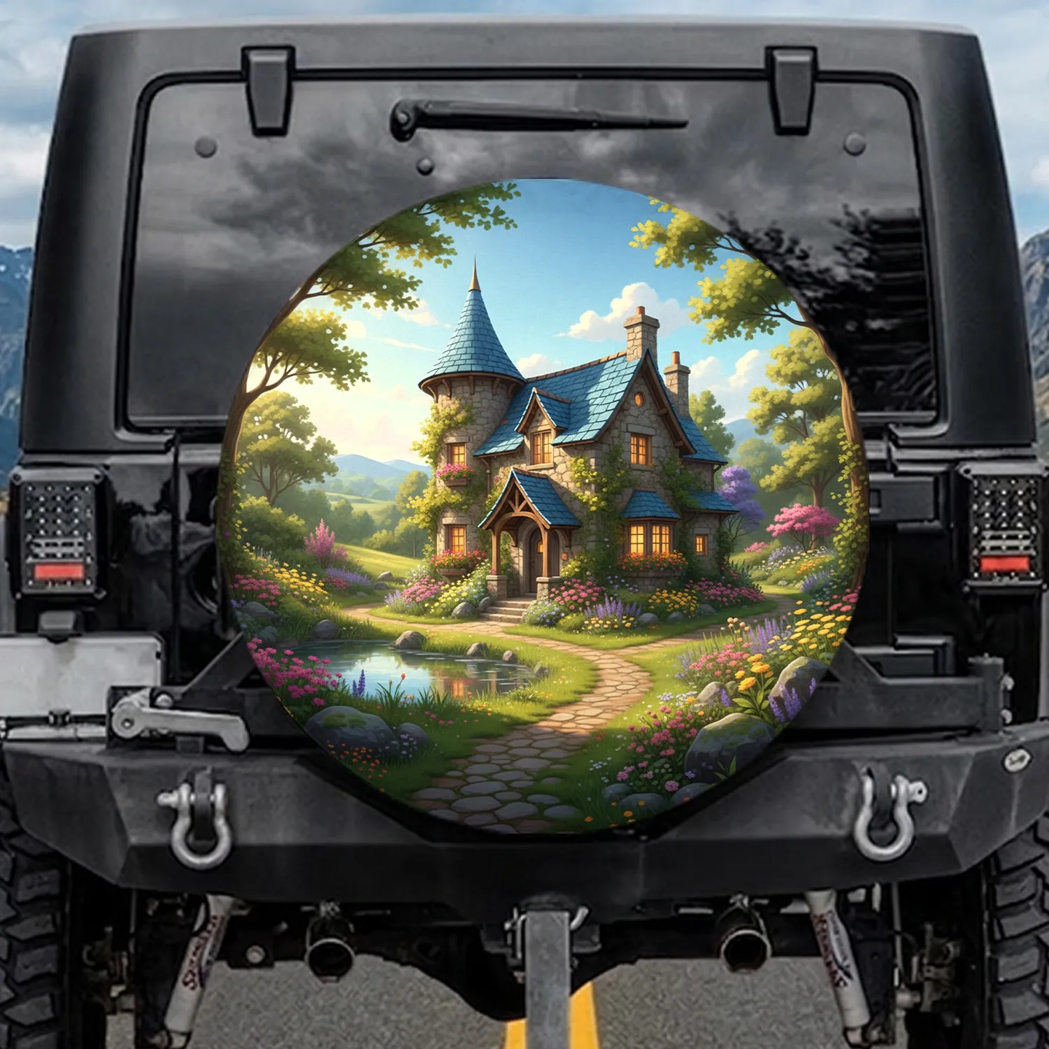 Fairytale Stone Cottage Blue Turret Enchanted Garden - Home Decor Gift for Fantasy Lover Spare Tire Cover - 1