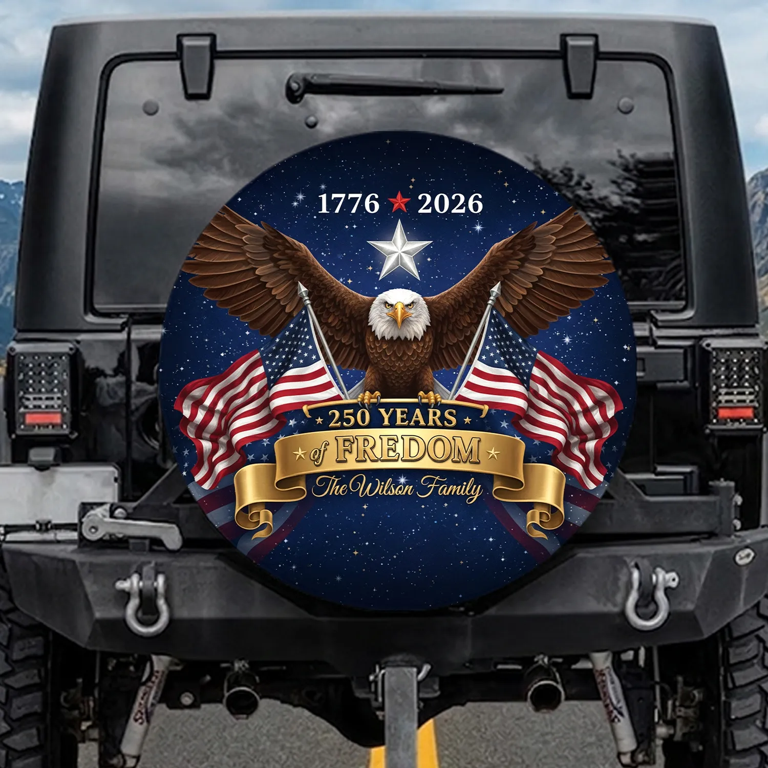 Bald Eagle American Flag 250 Years of Freedom 1776-2026 - Independence Day Custom Family Name Spare Tire Cover - 1