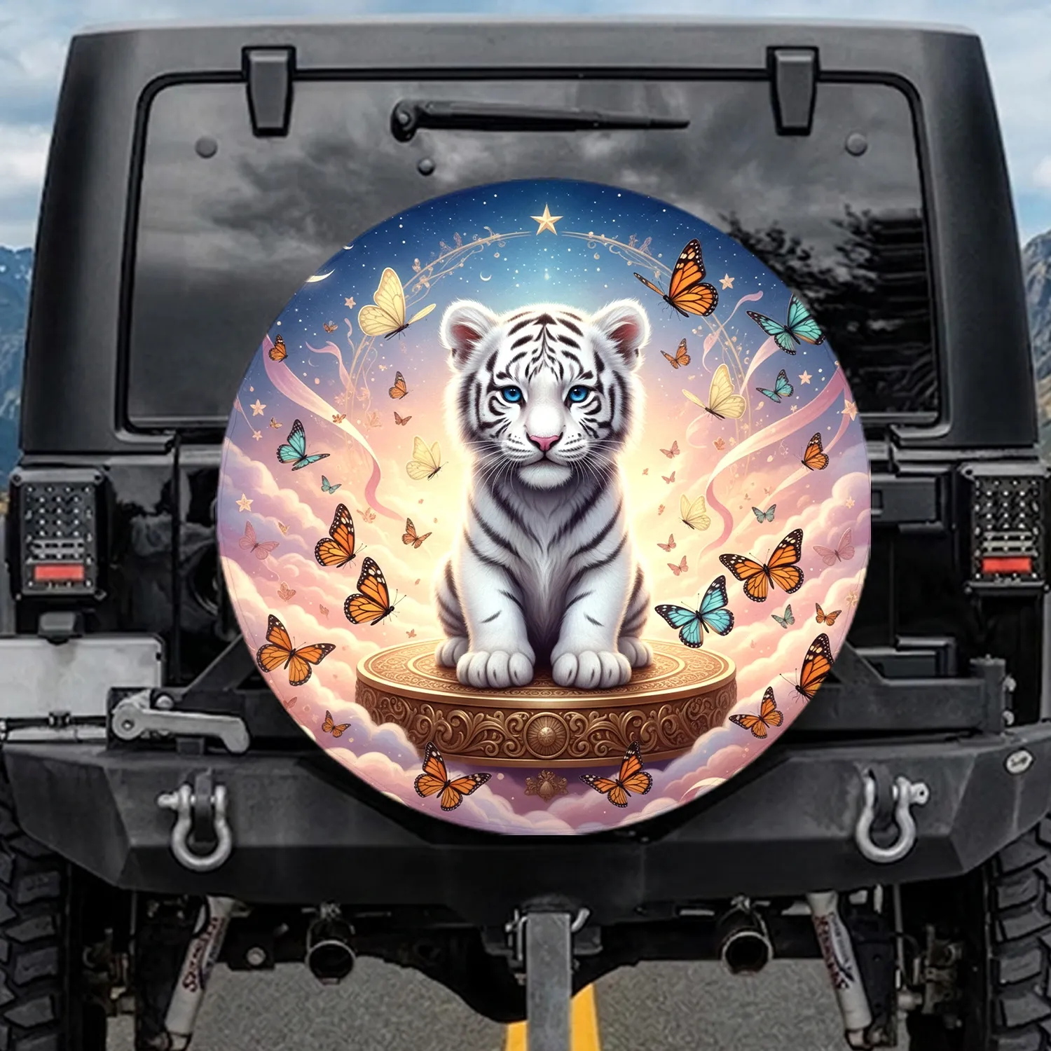 White Tiger Cub Butterflies Celestial Night Sky - Wildlife Lover Gift Spare Tire Cover - 1
