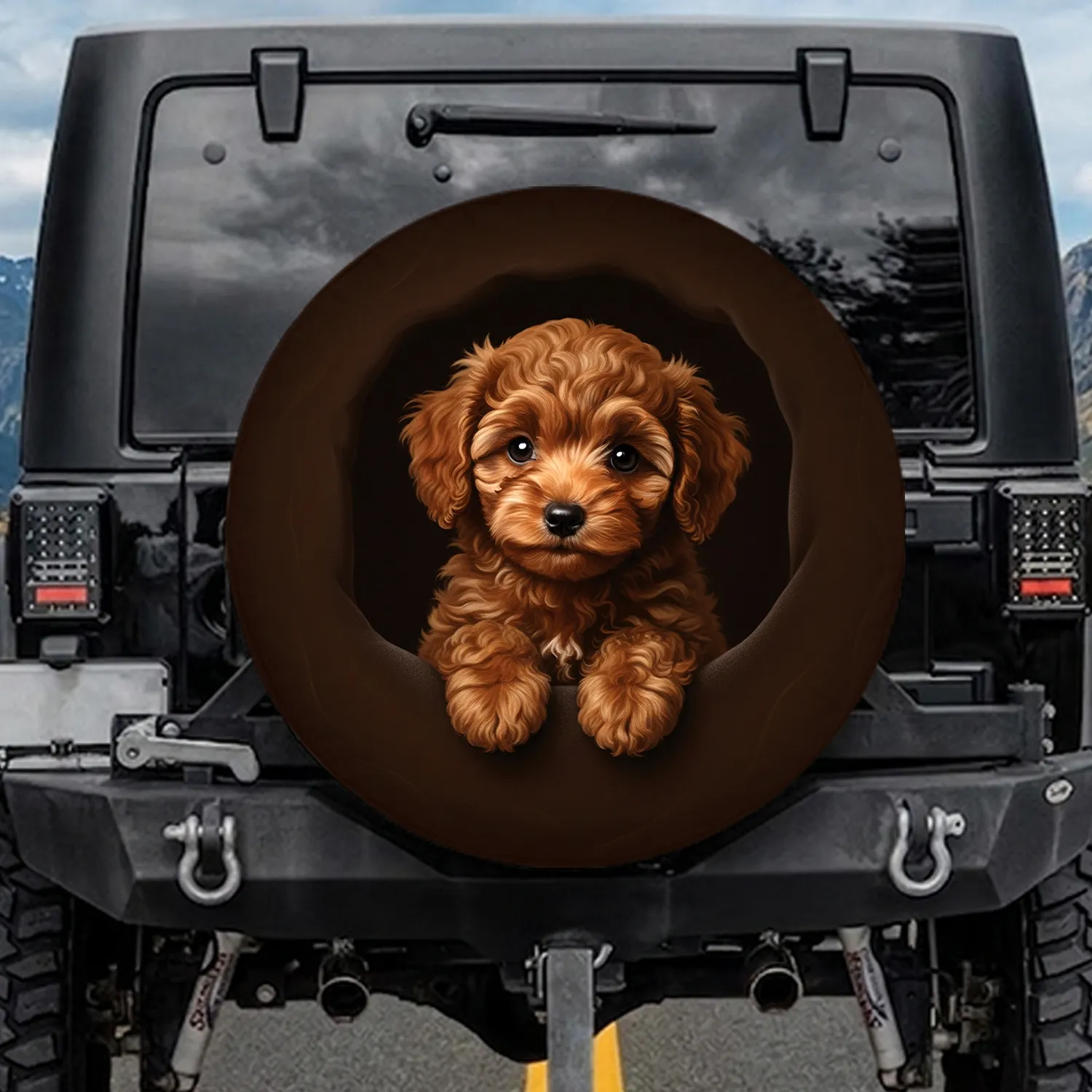 Reddish Brown Curly Fur Toy Poodle Puppy Dark Background - Home Decor Gift for Dog Lover Spare Tire Cover - 1