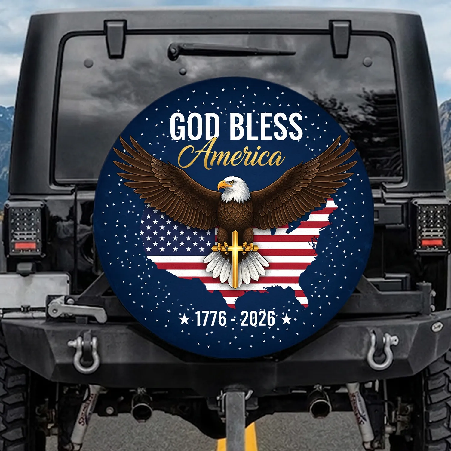 Bald Eagle Gold Cross America Map 1776-2026 God Bless - USA 250th Anniversary Gift Spare Tire Cover - 1