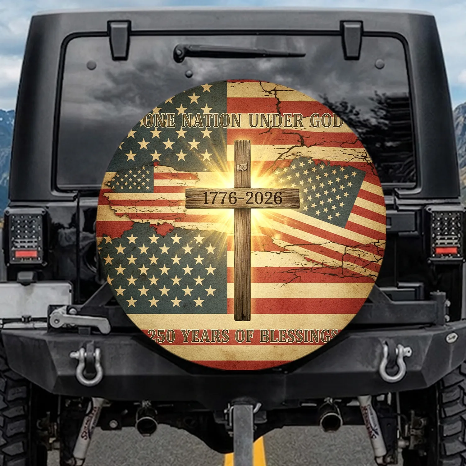 Aged Wooden Cross 1776-2026 'One Nation Under God' - USA 250th Anniversary Spare Tire Cover - 1