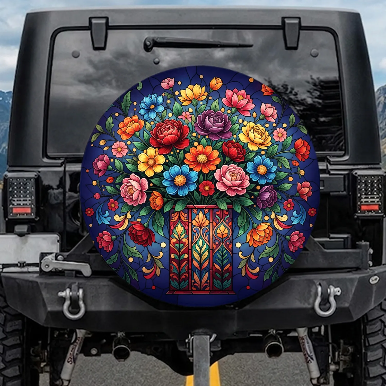 Vibrant Stained Glass Floral Bouquet Vase - Everyday Home Decor Gift Spare Tire Cover - 1
