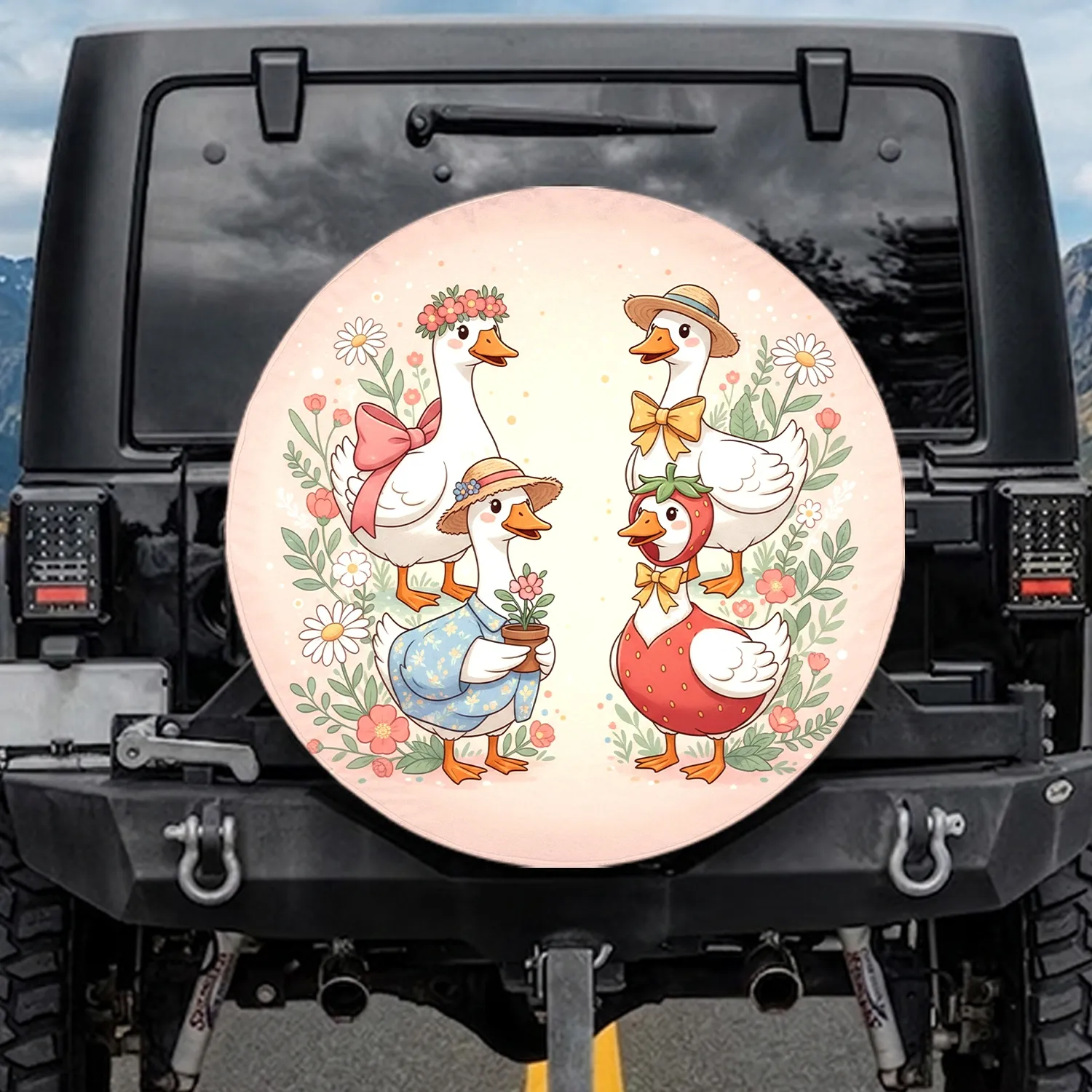 Four Geese Flower Crown Strawberry Floral Garden - Garden Lover Gift Spare Tire Cover - 1