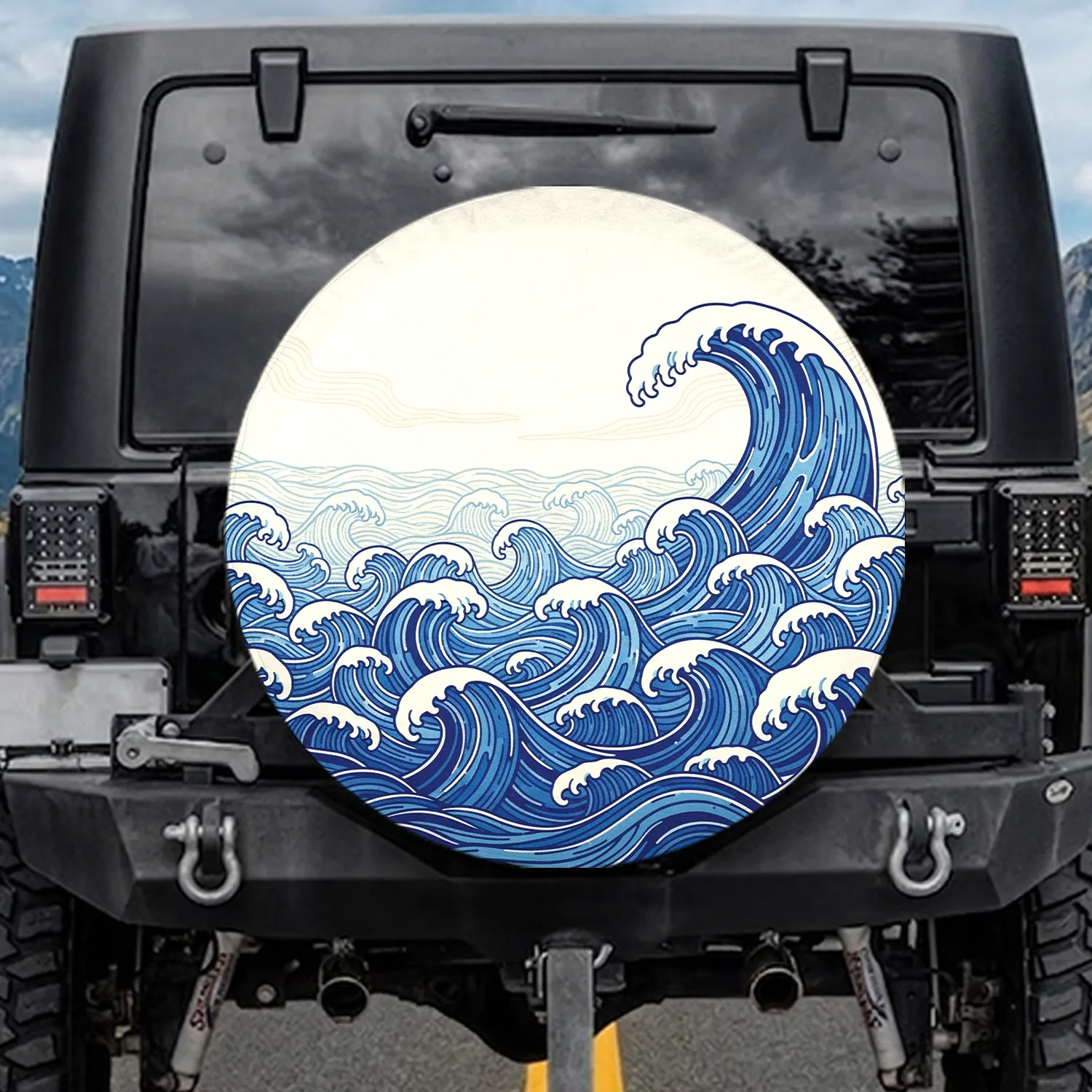 Indigo Blue Layered Ocean Waves Cream Sky Ripple - Coastal Lifestyle Road Trip Gift for Beach Lover Spare Tire Cover - 1