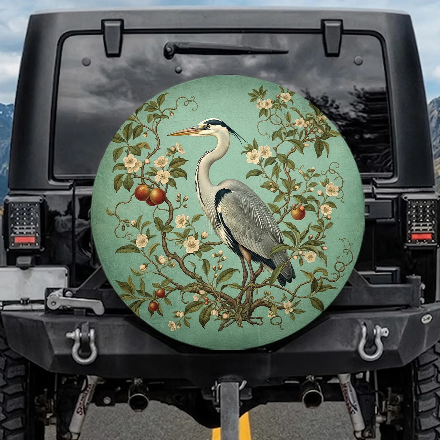 Grey Heron Botanical Flowers Russet Fruit Winding Vines Aged Canvas - Wildlife Lover Gift Spare Tire Cover - 1