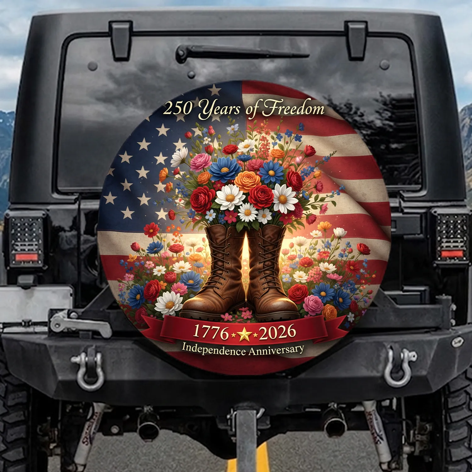 Weathered Combat Boots Patriotic Flowers American Flag 250 Years of Freedom 1776-2026 Spare Tire Cover - 1