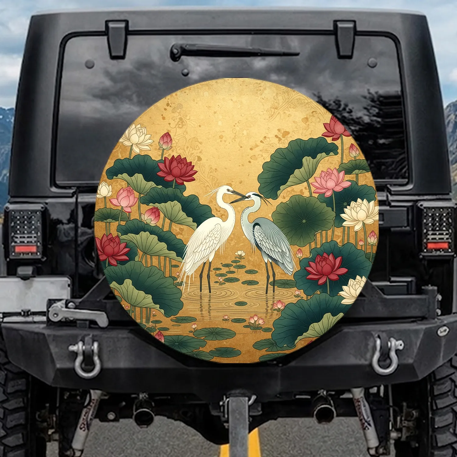 Herons Lotus Pond Golden Asian Tapestry - Wildlife Nature Home Decor Gift Spare Tire Cover - 1