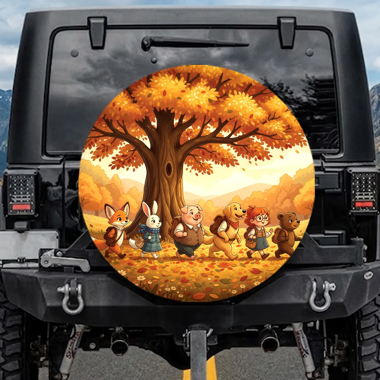 Fox Rabbit Pig Dog Child Procession Autumn Tree Fall Leaves Outdoor Decor Gift Spare Tire Cover - 1