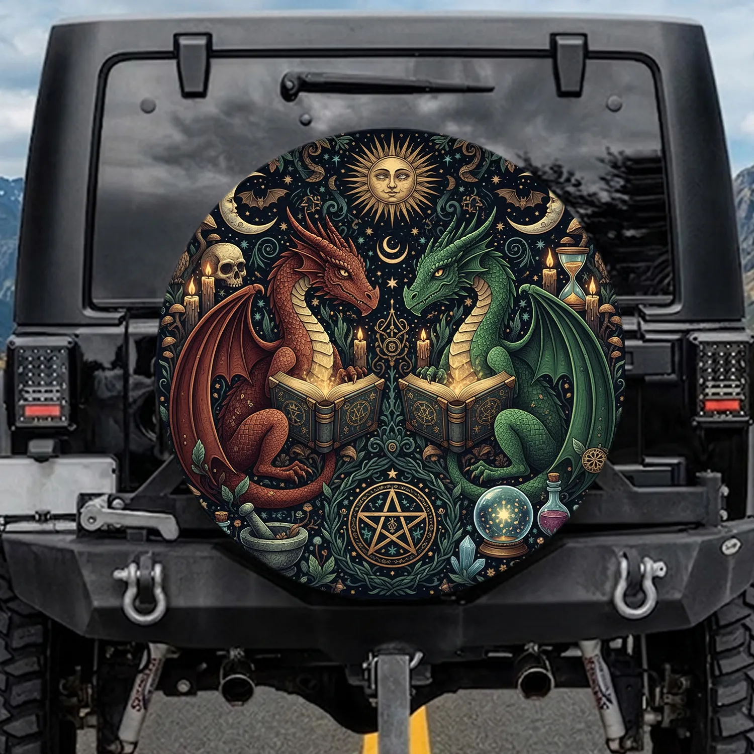 Dragons Ancient Spellbooks Celestial Forest Pentagram - Mystical Fantasy Home Decor Gift Spare Tire Cover - 1