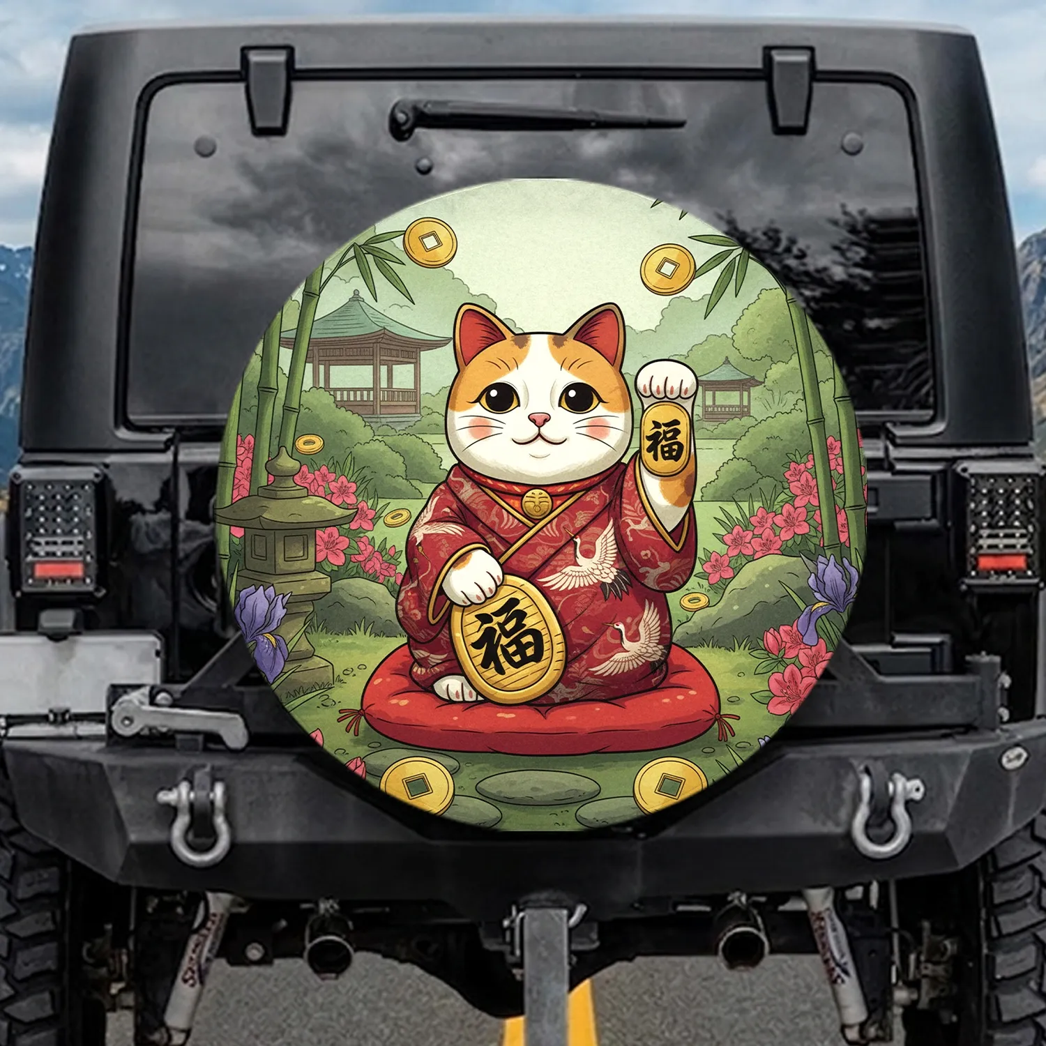 Maneki-Neko Cat Red Kimono Golden Coin Japanese Garden Good Fortune Luck Gift Spare Tire Cover - 1